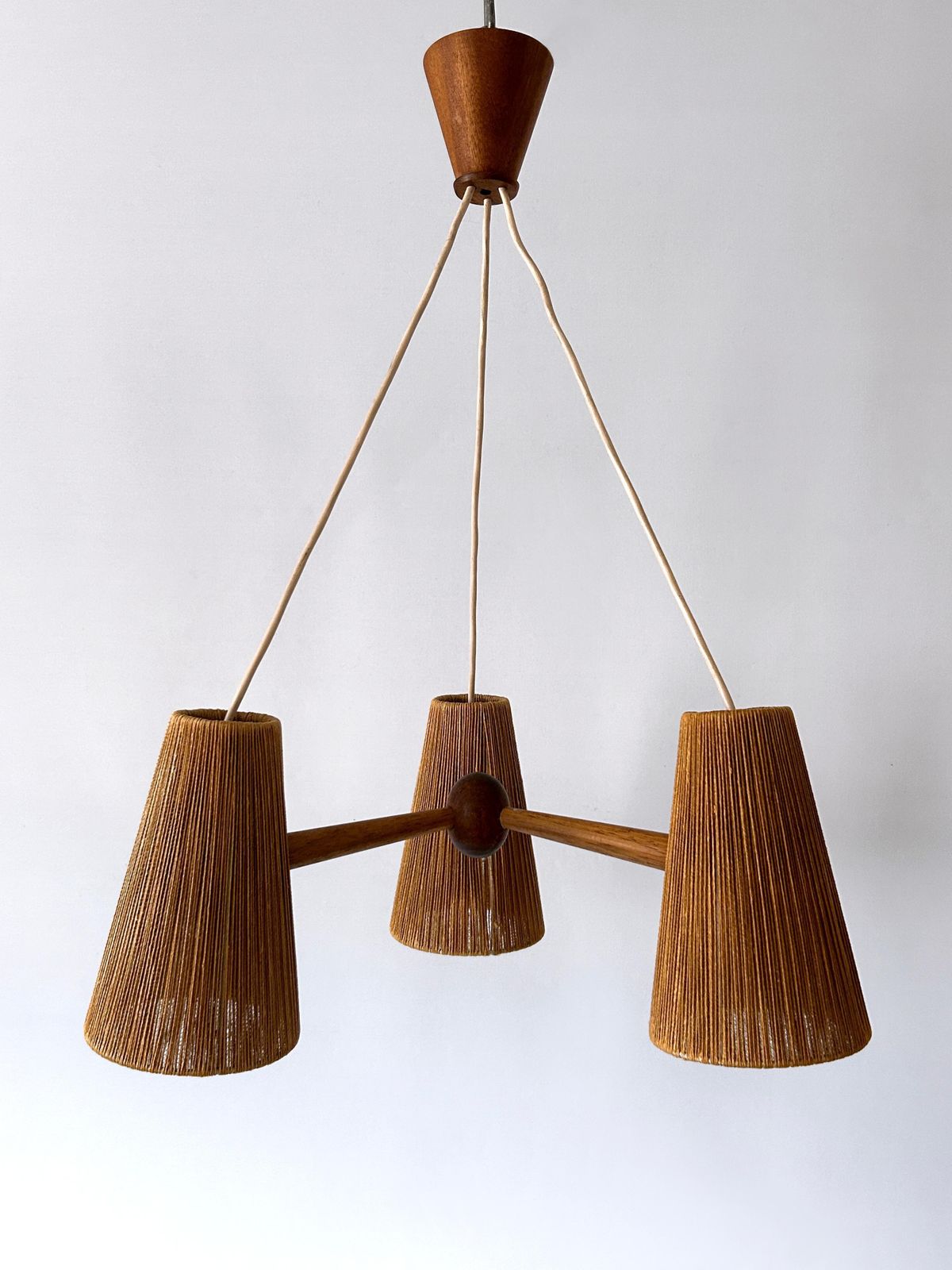 Mid Century Sisal & Teak Pendant Lamp Or Chandelier By Temde Switzerland 1960s photo for sale