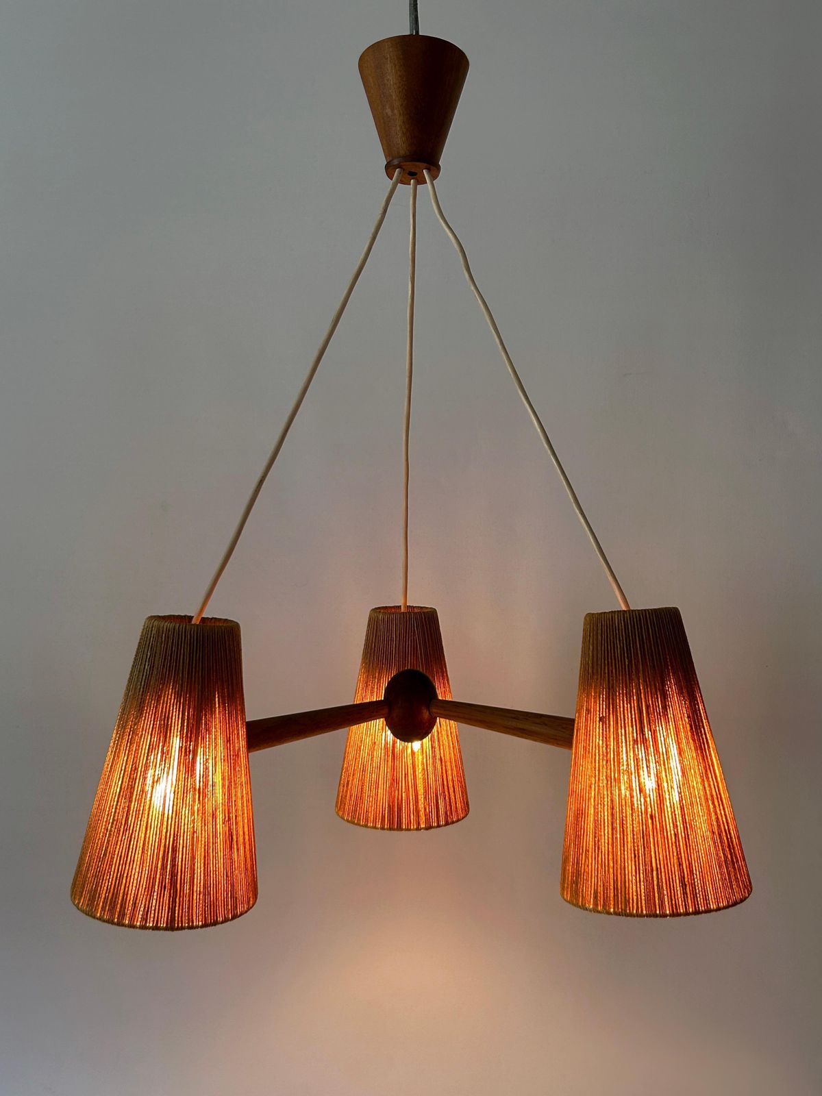 Mid Century Sisal & Teak Pendant Lamp Or Chandelier By Temde Switzerland 1960s photo Lighting