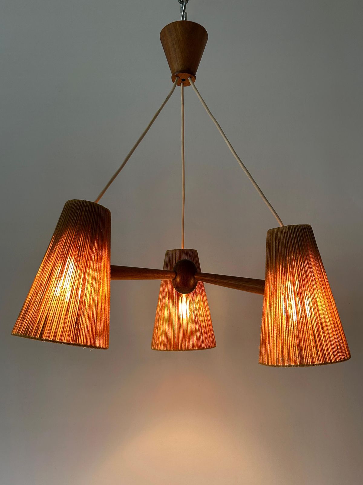 photo for sale Mid Century Sisal & Teak Pendant Lamp Or Chandelier By Temde Switzerland 1960s