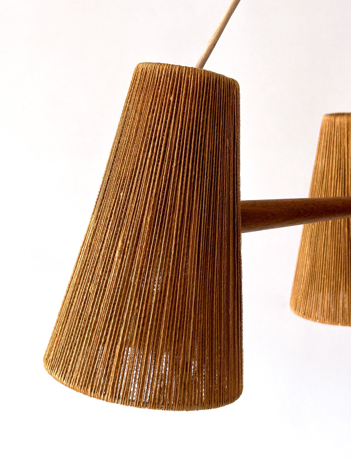 Lighting Mid Century Sisal & Teak Pendant Lamp Or Chandelier By Temde Switzerland 1960s photo