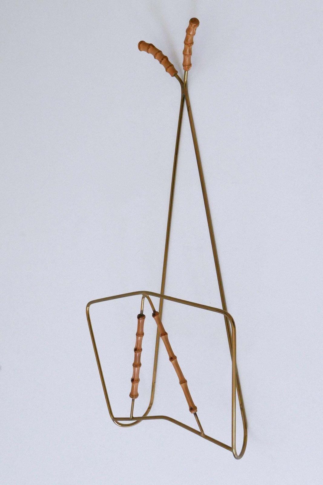 Lovely Mid Century Wall Mounted Brass & Bamboo Magazine Rack Germany 1960s photo furniture