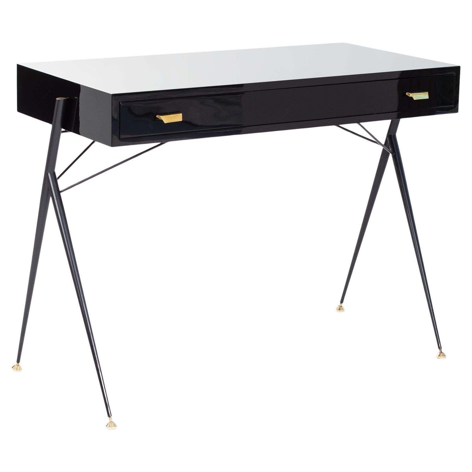 Mid Century Italian Small Writing Desk Black Lacquer, Brass By Silvio Cavatorta