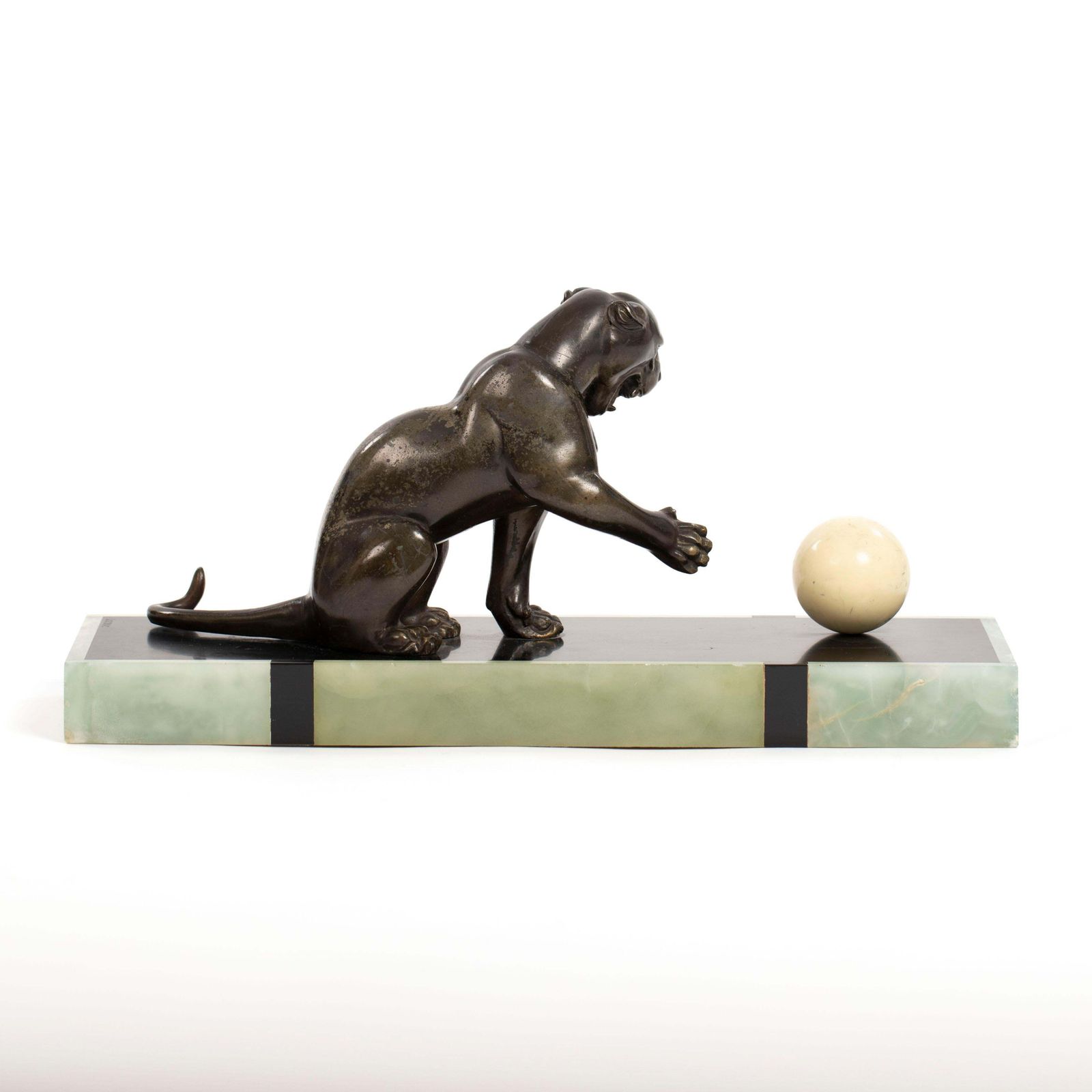 French Art Deco Bronze Panther On Marble Base With Jade Trim, Signed Leduc 1910s photo vinterior