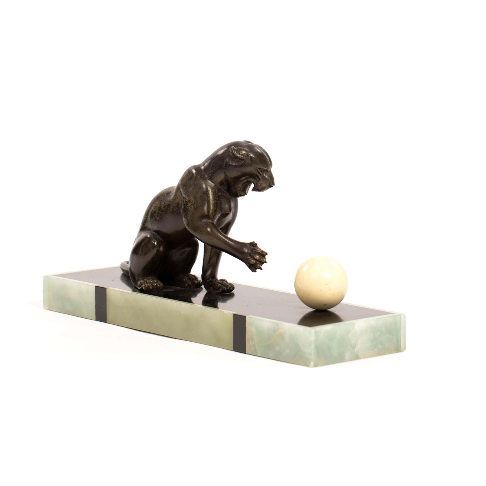 French Art Deco Bronze Panther On Marble Base With Jade Trim, Signed Leduc 1910s photo buy
