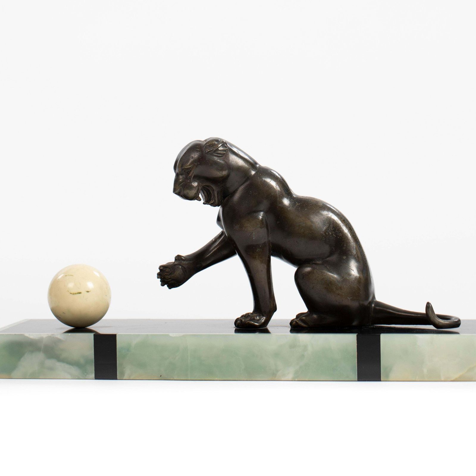 Art French Art Deco Bronze Panther On Marble Base With Jade Trim, Signed Leduc 1910s photo