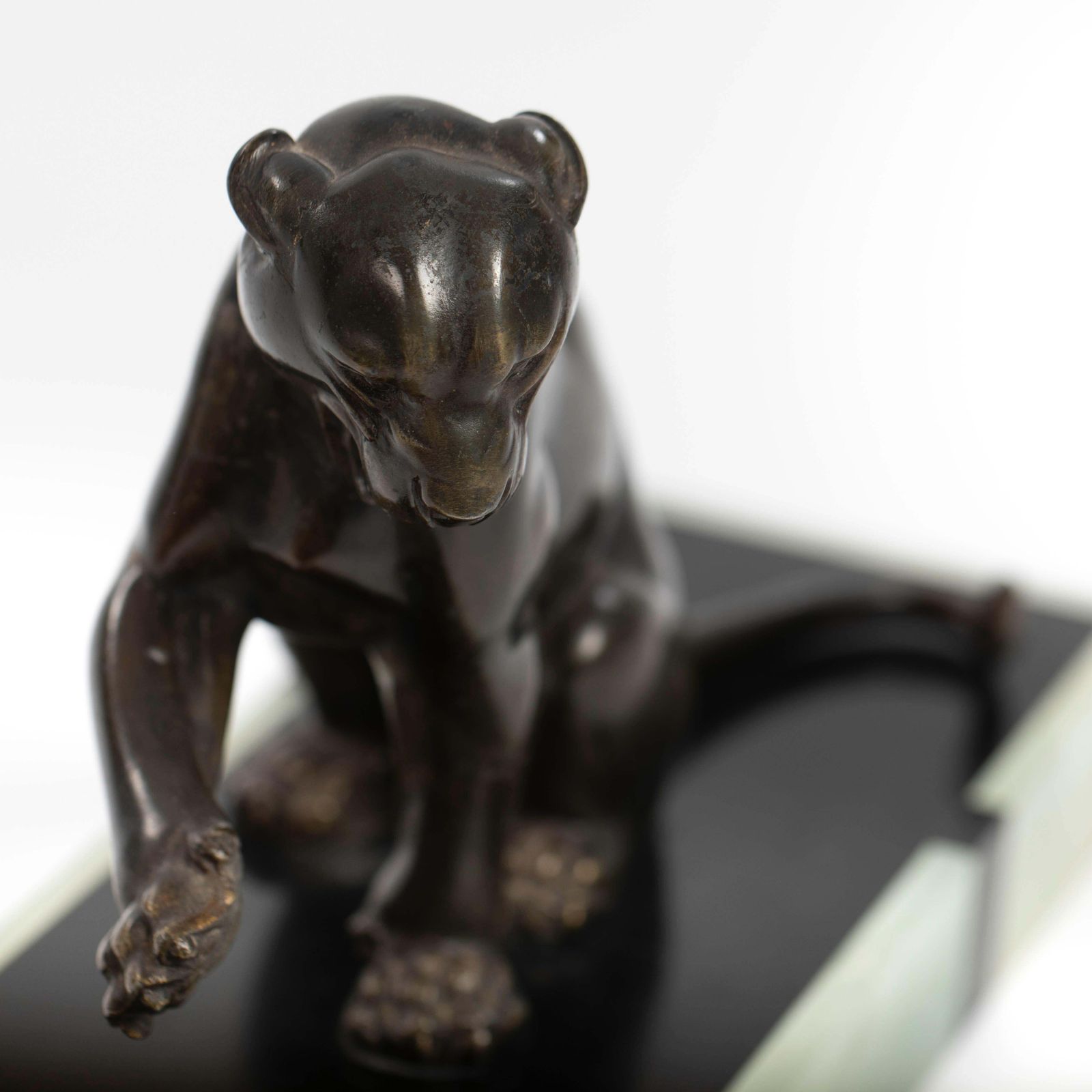 photo vinterior French Art Deco Bronze Panther On Marble Base With Jade Trim, Signed Leduc 1910s