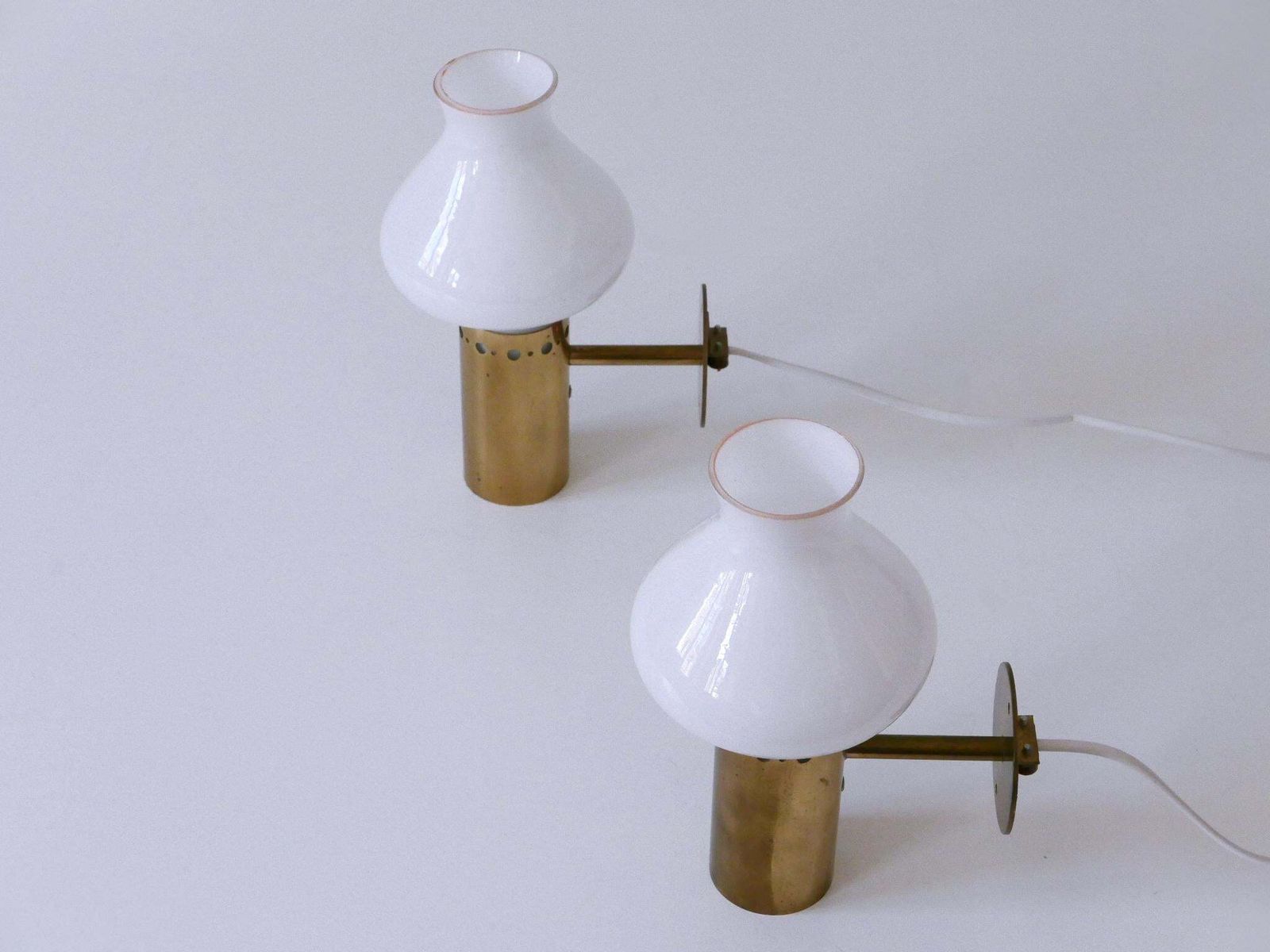 Set Of Two Elegant Mid Century Modern Brass & Glass Sconces Sweden 1950s photo for sale