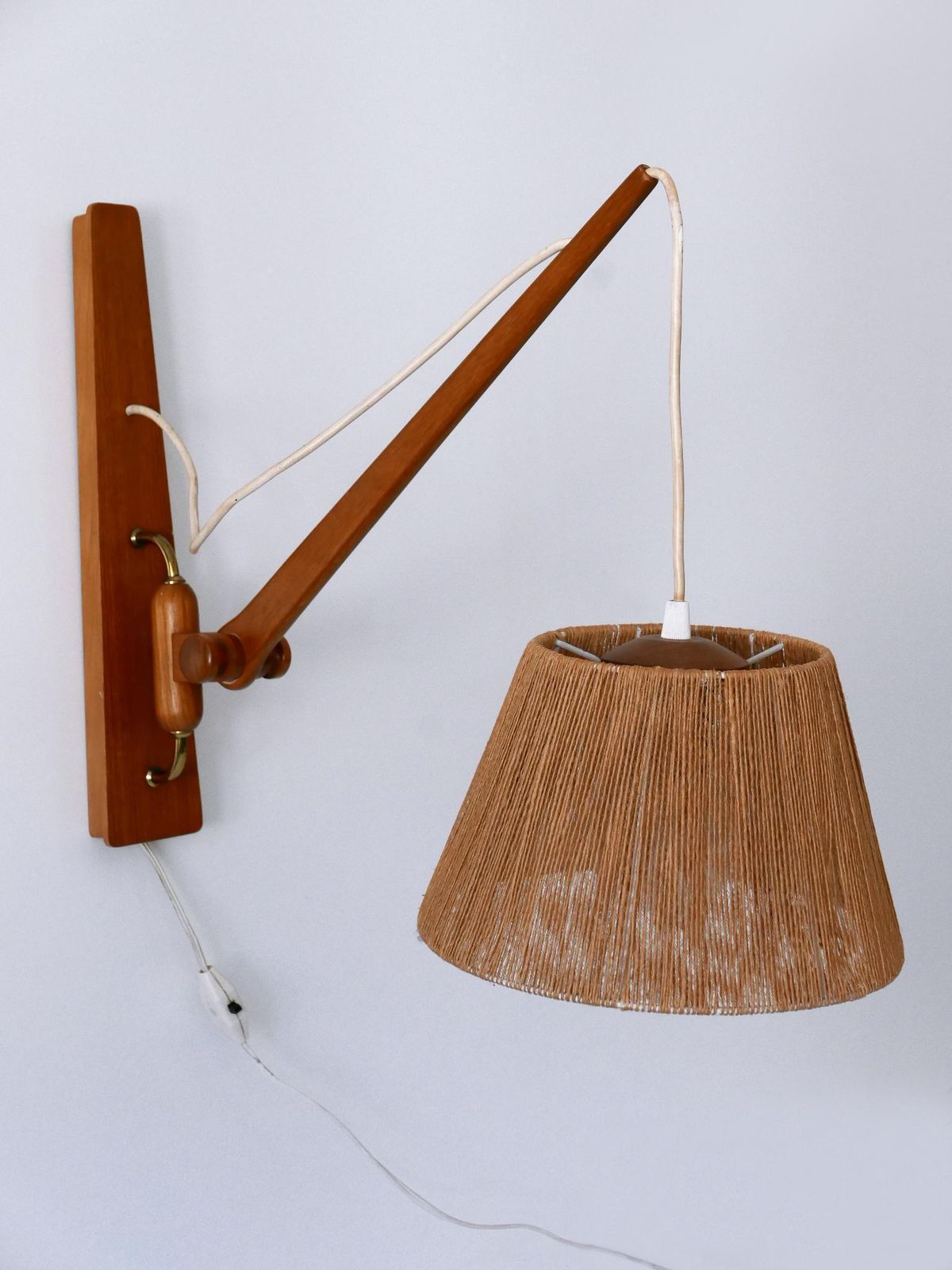 Lighting Elegant Mid Century Modern Swing Teak & Sisal Wall Light Denmark 1960s photo