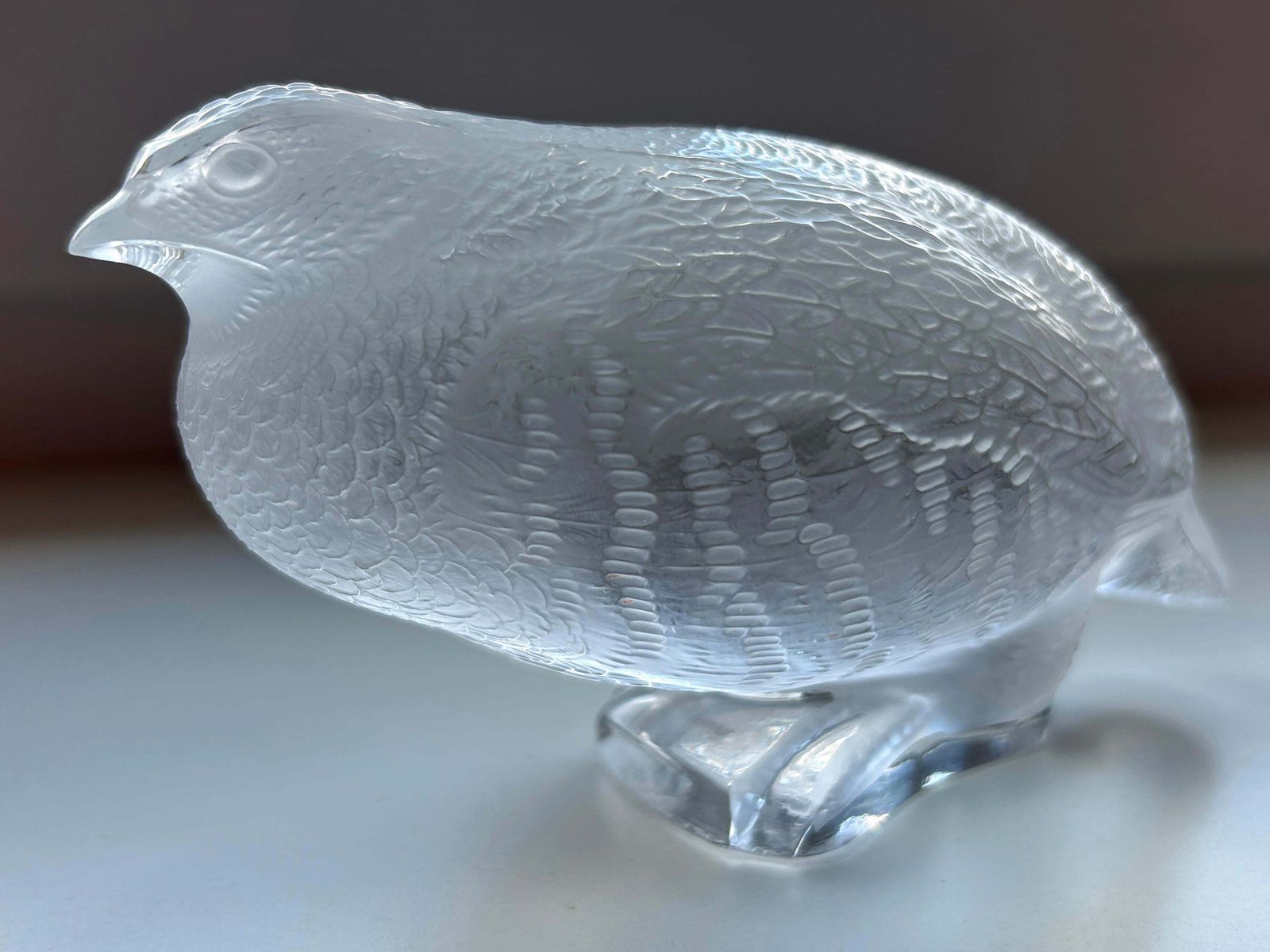 photo for sale Beautiful & Highly Decorative Glass Quail Sculpture By Lalique France 1960s