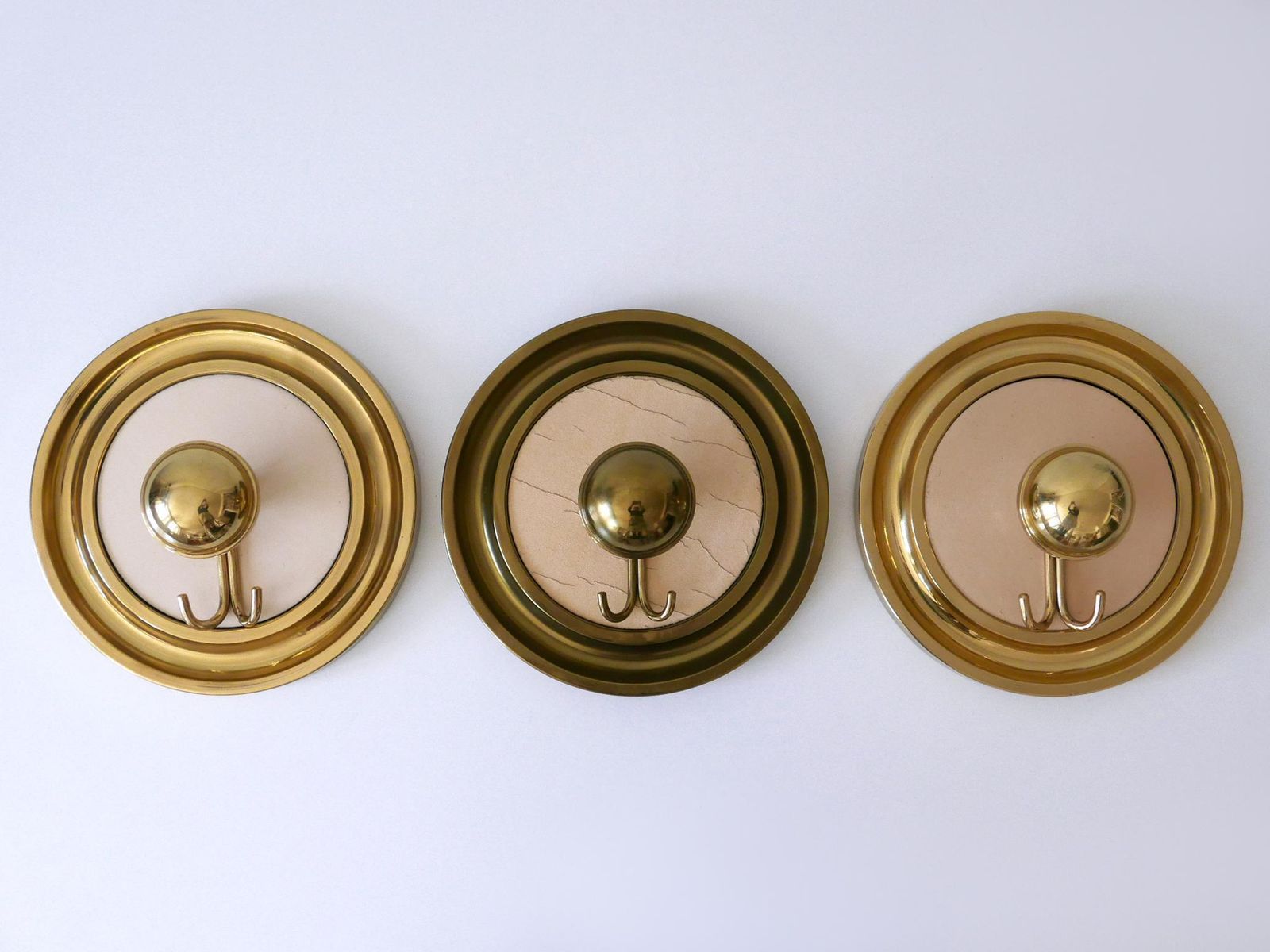 photo for sale Set Of Three Large Mid Century Modern Brass Coat Hooks Or Wall Wardrobes 1960s