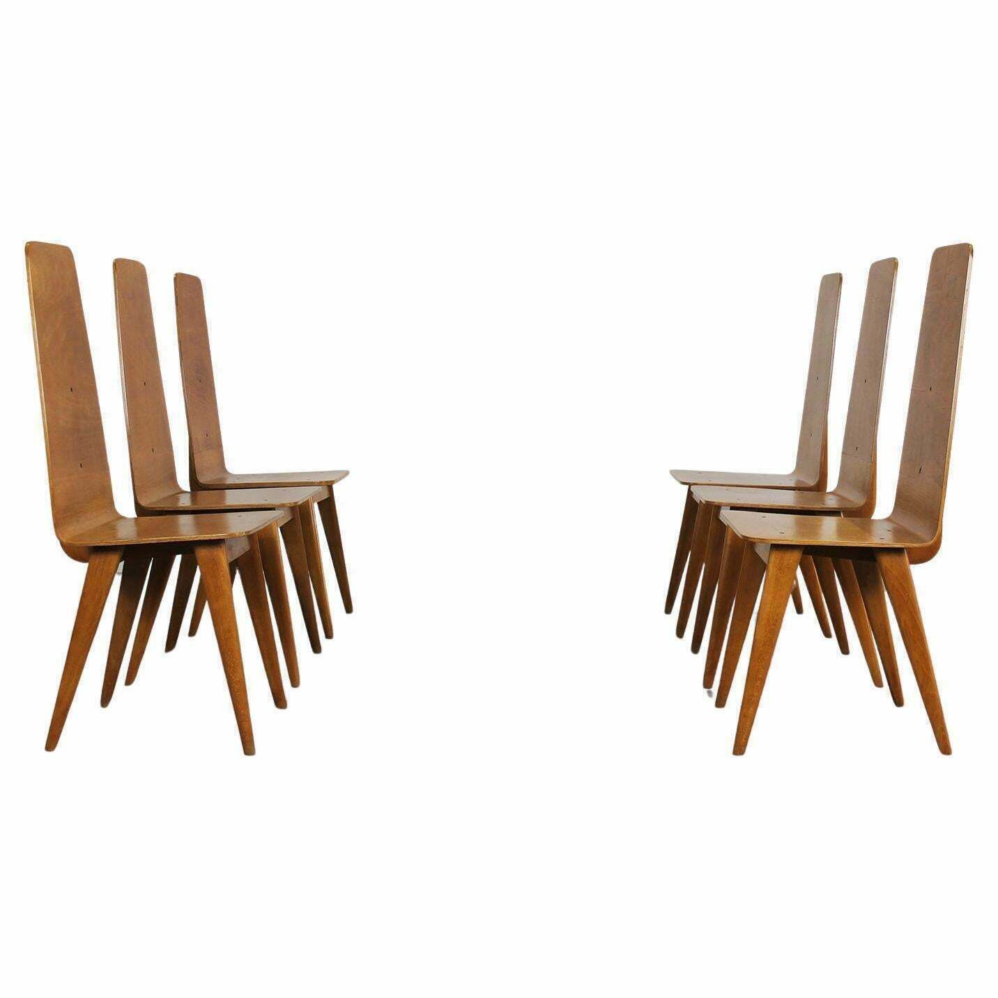 Set Of Six Dining Chairs In Wood By Sineo Gemignani Italian Manufacture 1940s