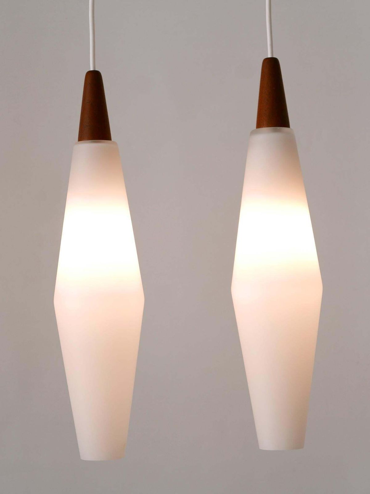 Set Of Two Elegant Scandinavian Opaline Glass & Teak Pendant Lamps 1960s photo furniture