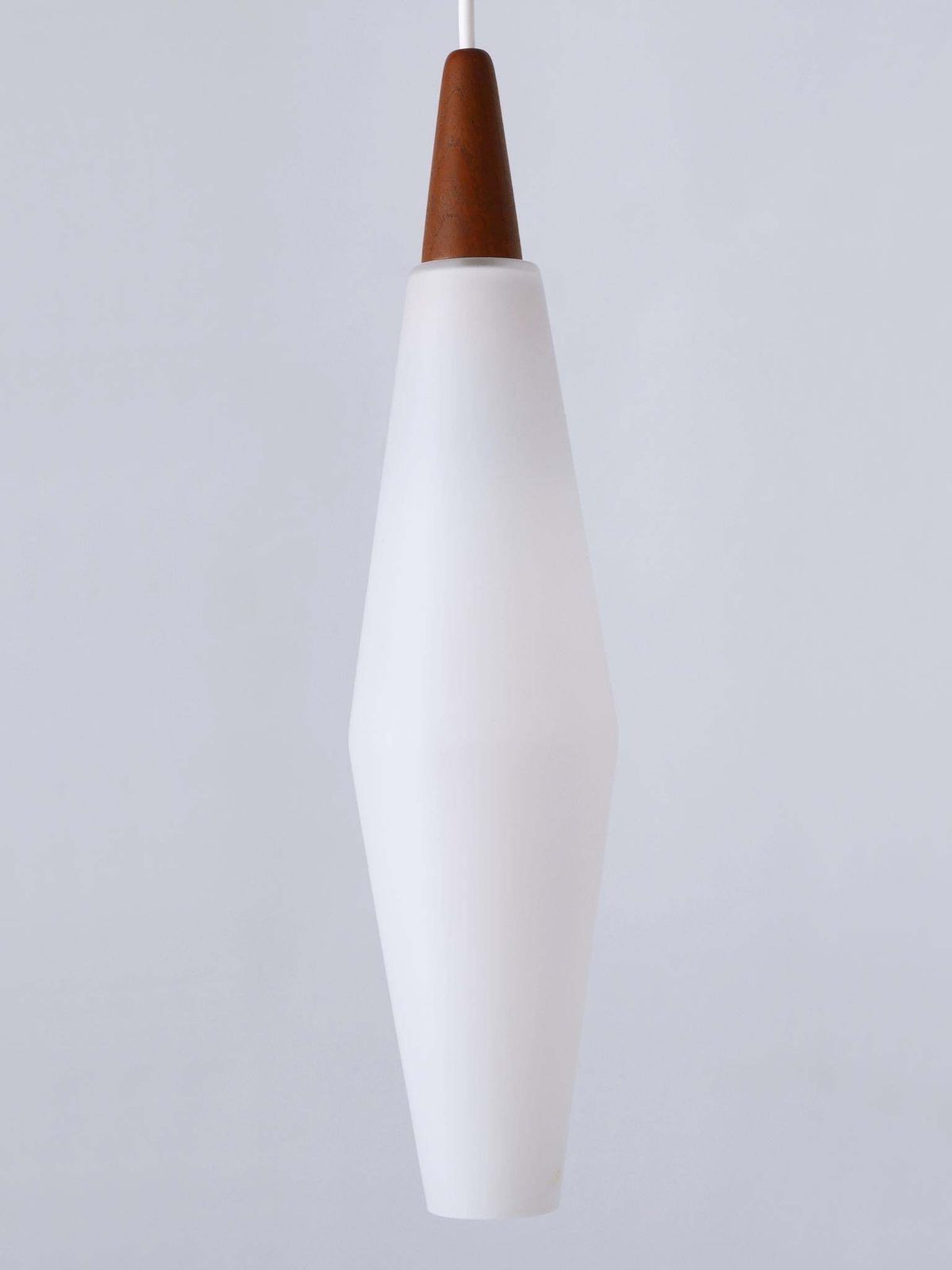 photo furniture Set Of Two Elegant Scandinavian Opaline Glass & Teak Pendant Lamps 1960s