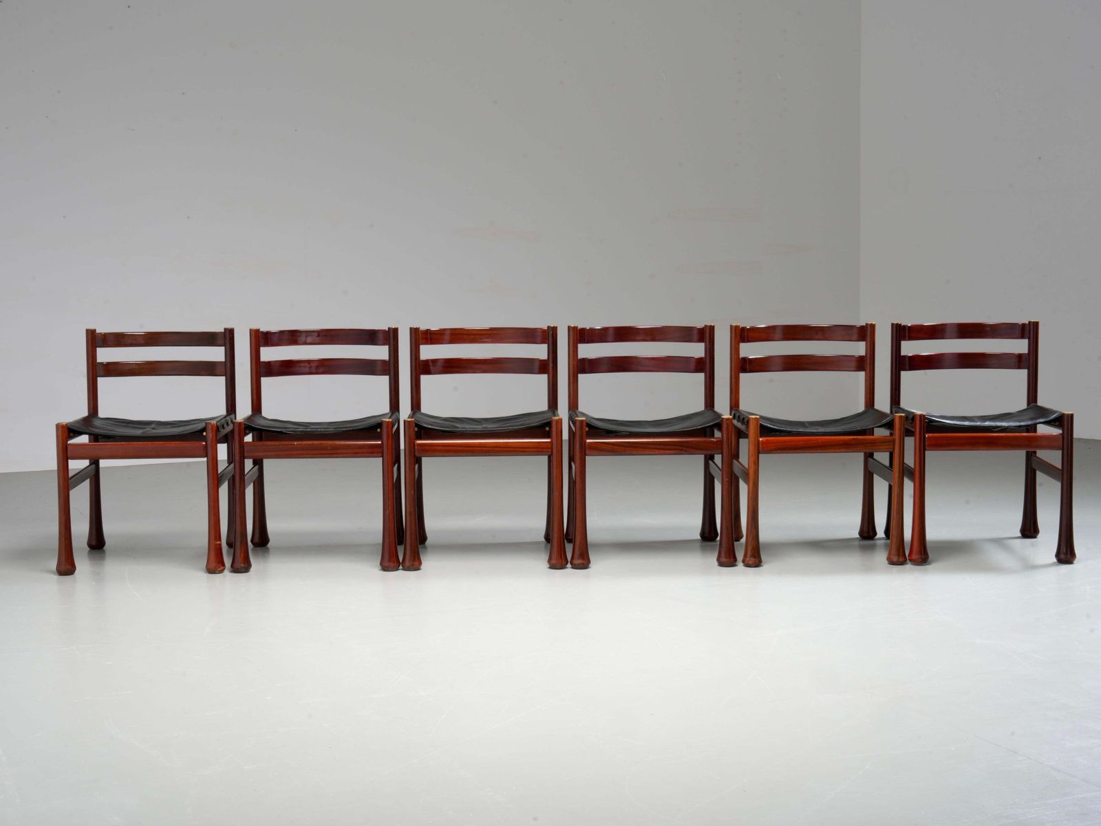 Set Of 6 Dining Chairs By Luciano Frigerio In Wood And Leather, Italy, 1970's photo buy