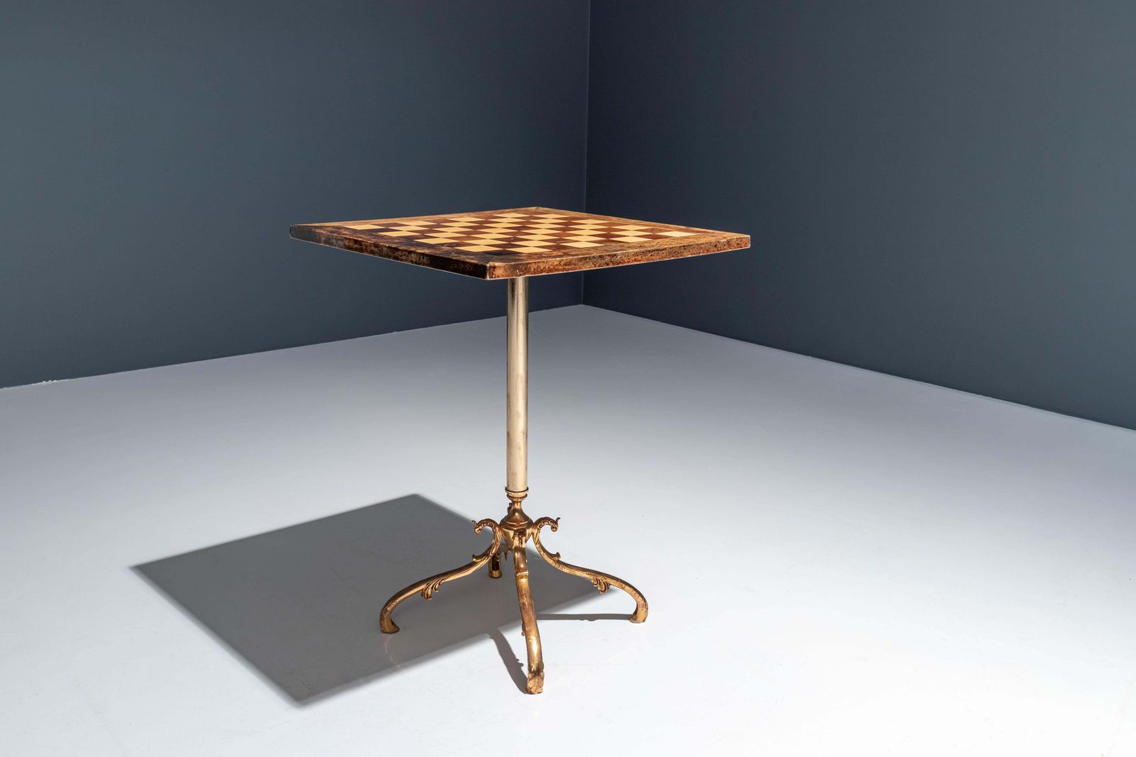Chess Table By Aldo Tura In Lacquered Goatskin And Brass, Italy, 1970's photo vintage