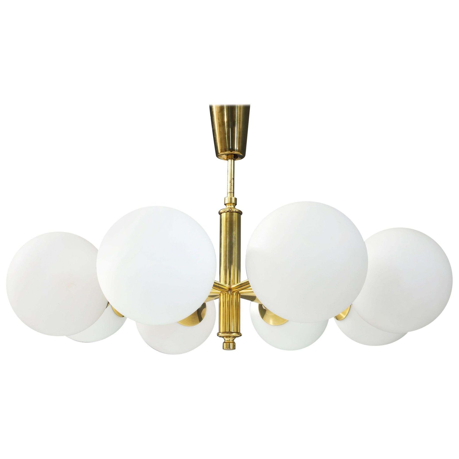 Sputnik In Brass And 8 Opaline Bulbs, Eastern Europe, 1960s