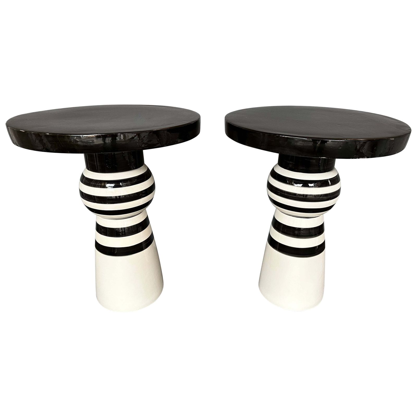 Contemporary Pair Of Black And White Ceramic Stripe Side Tables. Italy