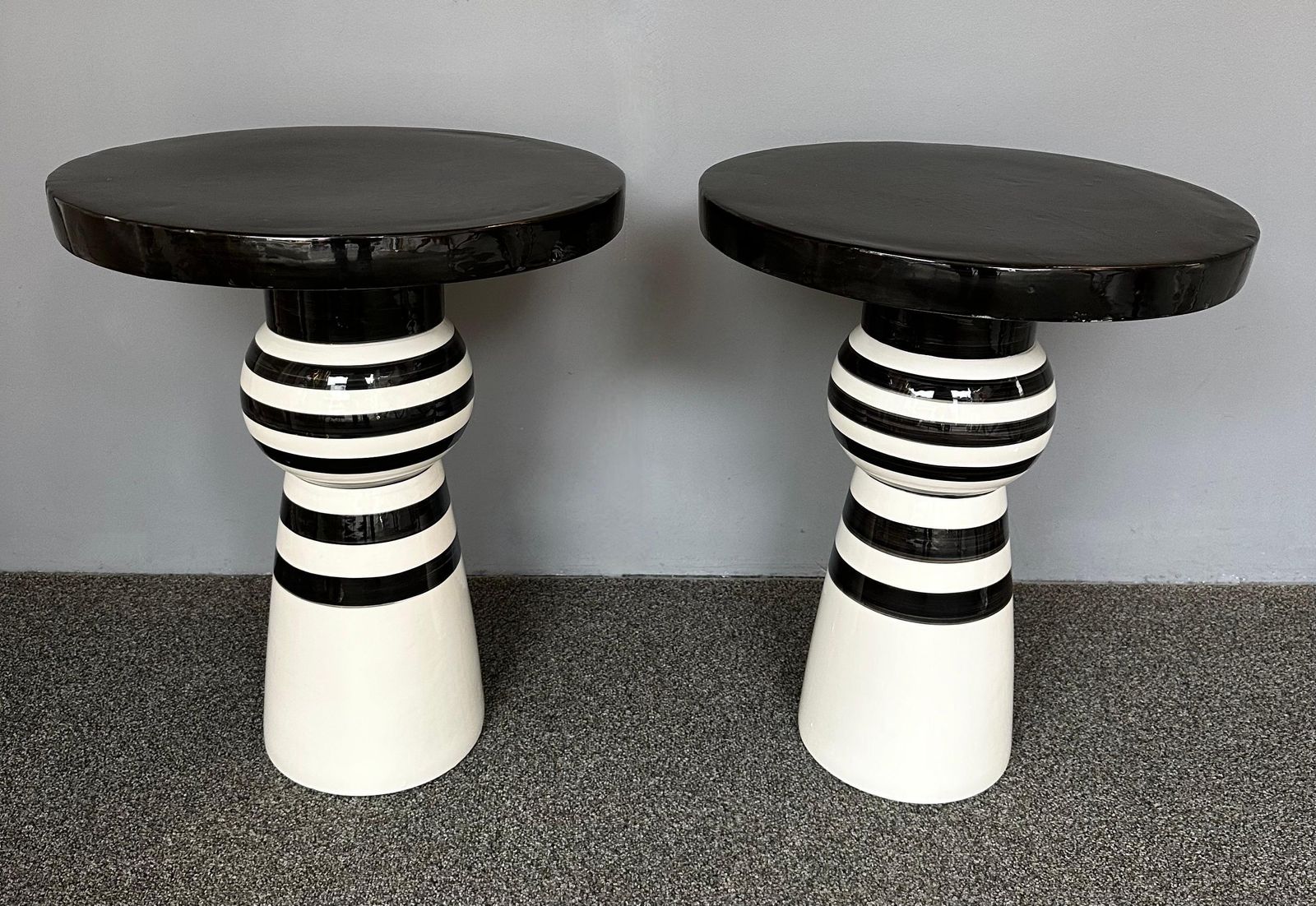 Contemporary Pair Of Black And White Ceramic Stripe Side Tables. Italy photo 3274.0