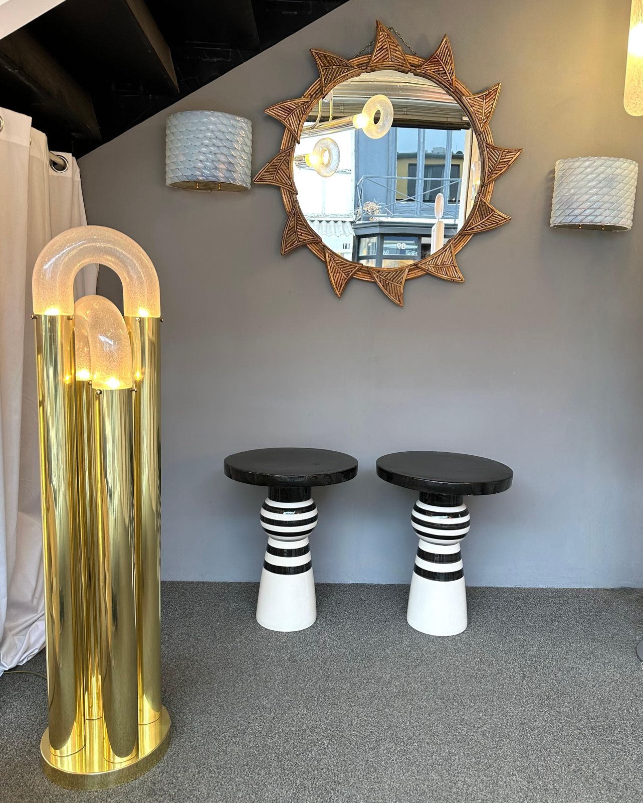 Contemporary Pair Of Black And White Ceramic Stripe Side Tables. Italy photo buy