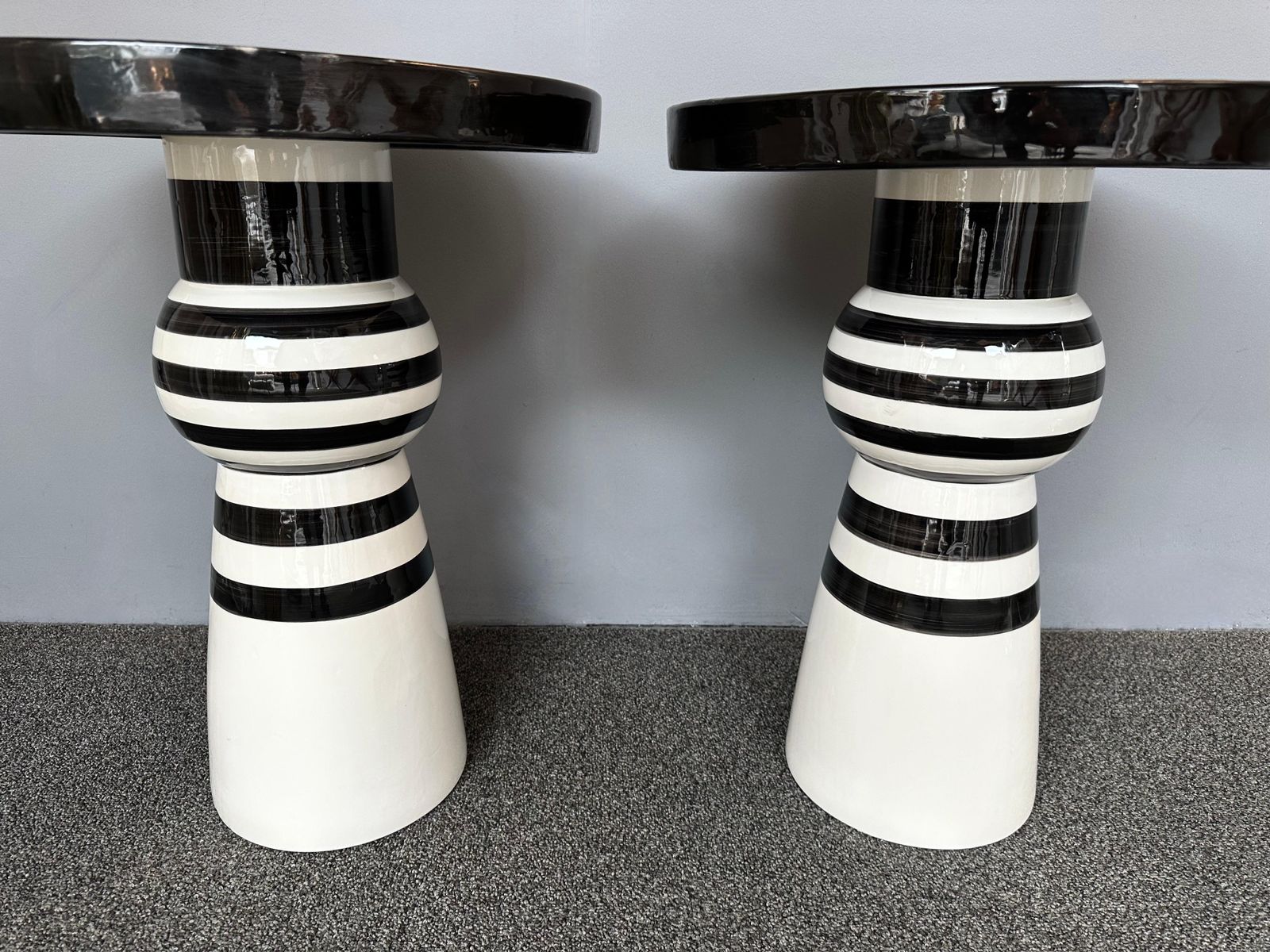 photo furniture Contemporary Pair Of Black And White Ceramic Stripe Side Tables. Italy