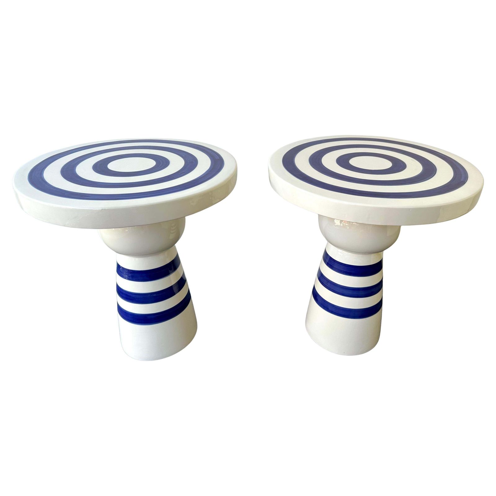 Contemporary Pair Of Blue And White Ceramic Stripe Side Tables. Italy