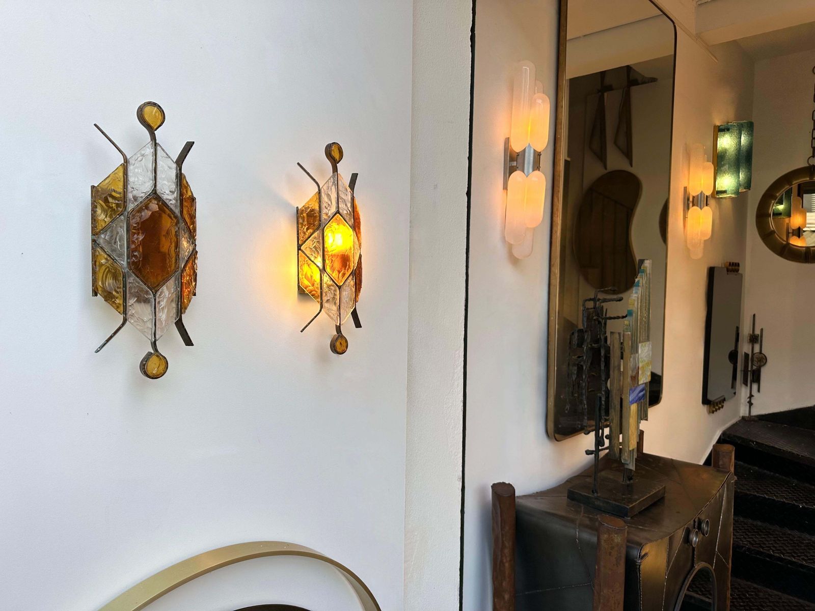 Pair Of Hammered Glass Wrought Iron Sconces By Longobard, Italy, 1970s photo furniture