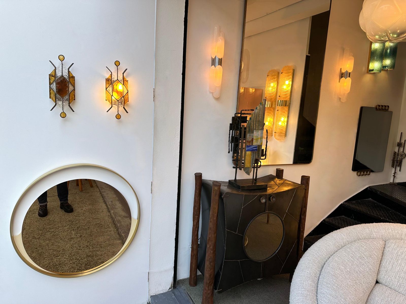 Pair Of Hammered Glass Wrought Iron Sconces By Longobard, Italy, 1970s photo for sale