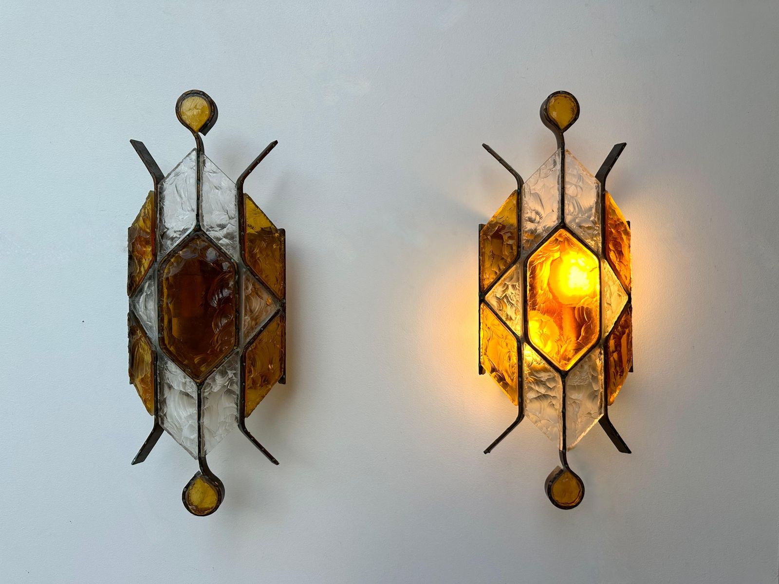 Lighting Pair Of Hammered Glass Wrought Iron Sconces By Longobard, Italy, 1970s photo