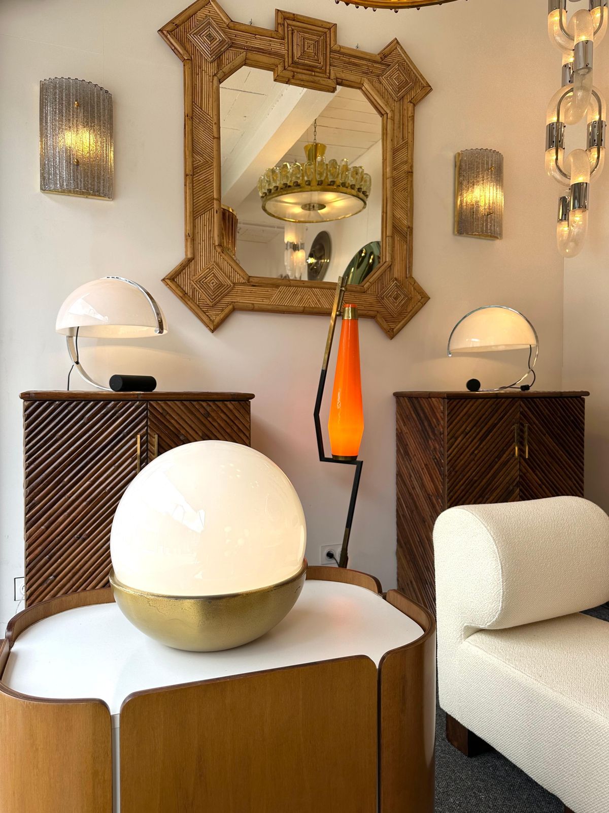 Ball Lamp Brass And Opaline Murano Glass.  Italy, 1970s photo furniture
