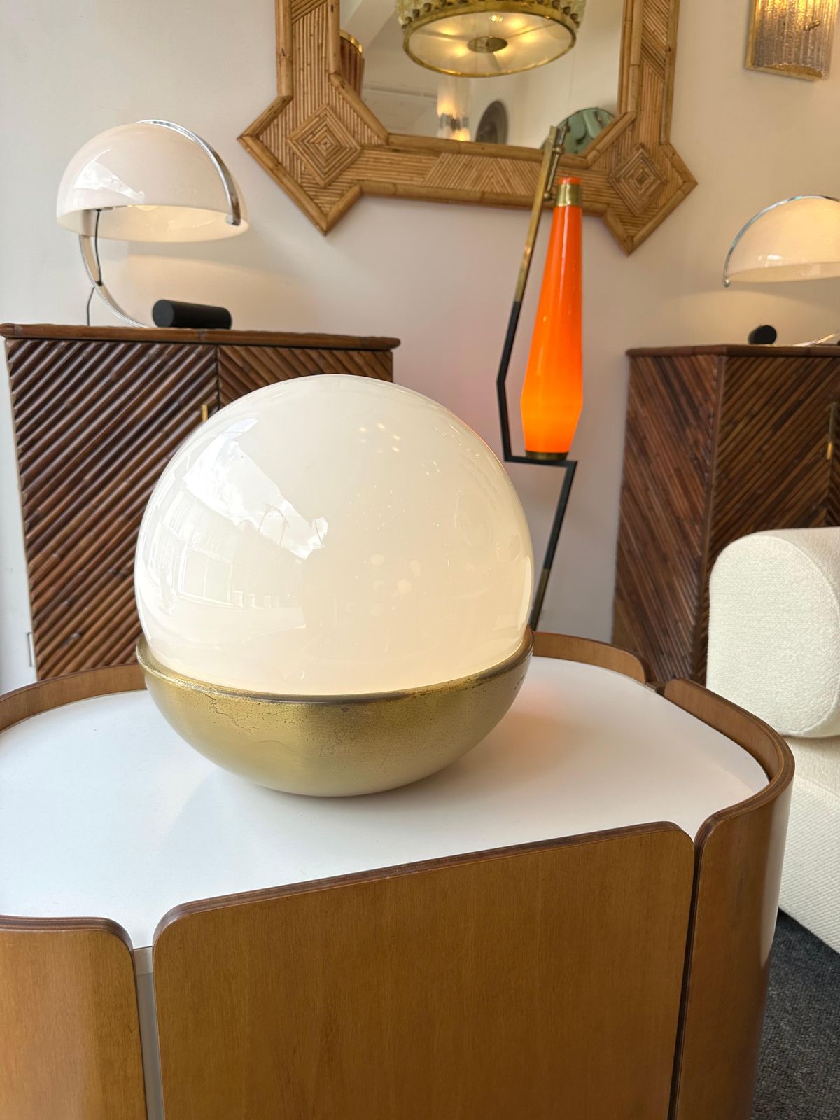 Ball Lamp Brass And Opaline Murano Glass.  Italy, 1970s photo for sale