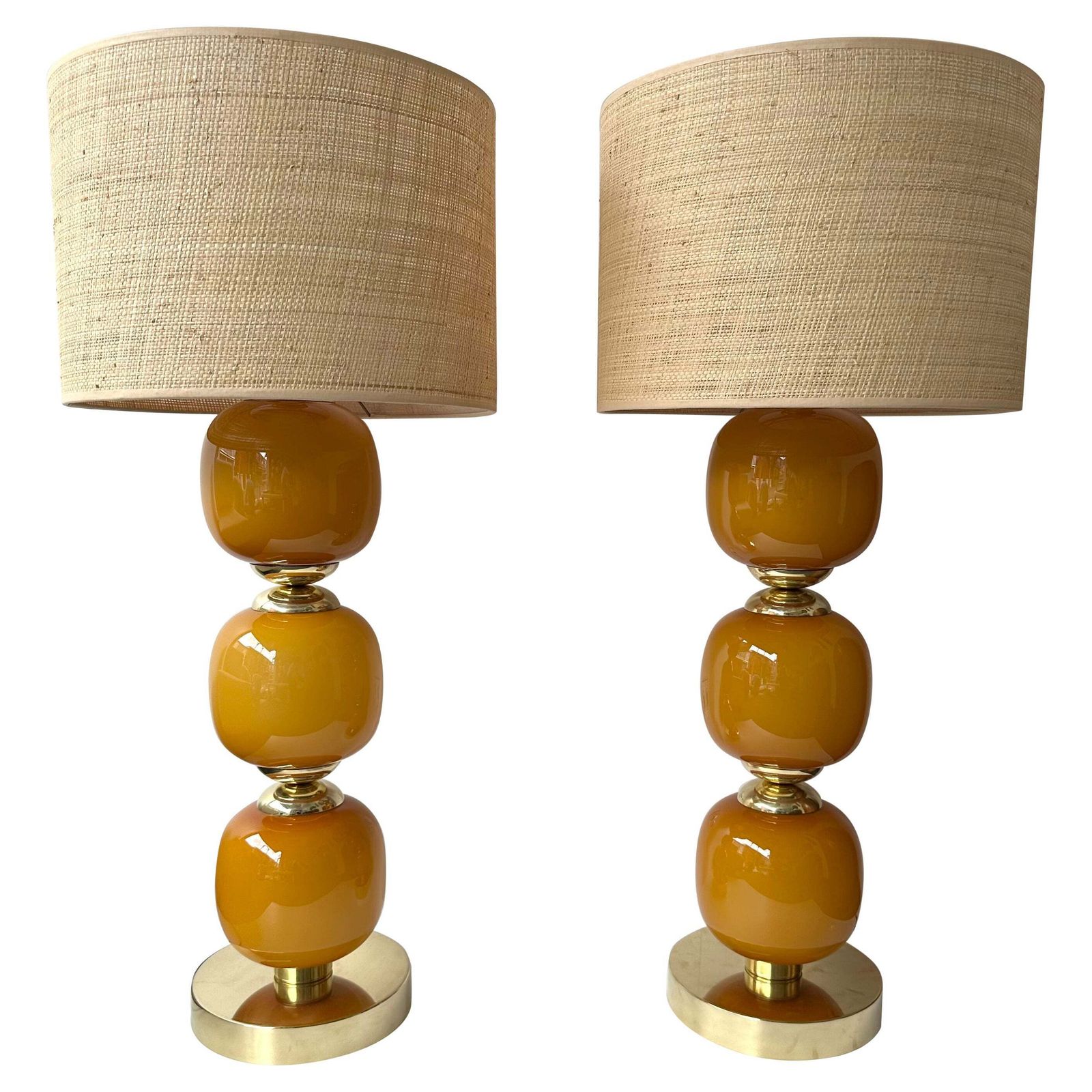 Contemporary Pair Of Brass And Orange Murano Glass Bulbs Lamps, Italy