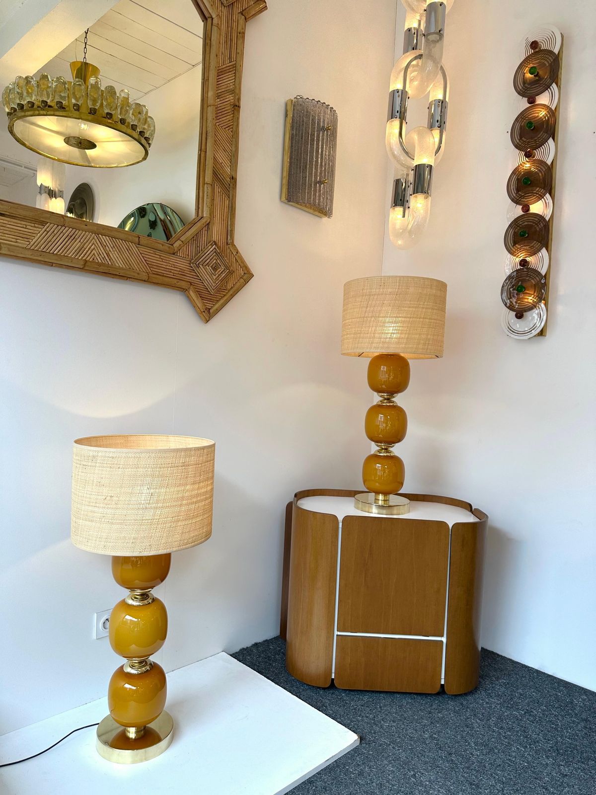 Contemporary Pair Of Brass And Orange Murano Glass Bulbs Lamps, Italy photo furniture