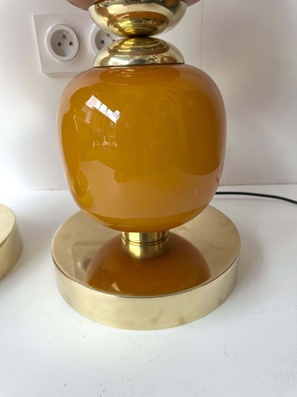 Contemporary Pair Of Brass And Orange Murano Glass Bulbs Lamps, Italy photo vinterior