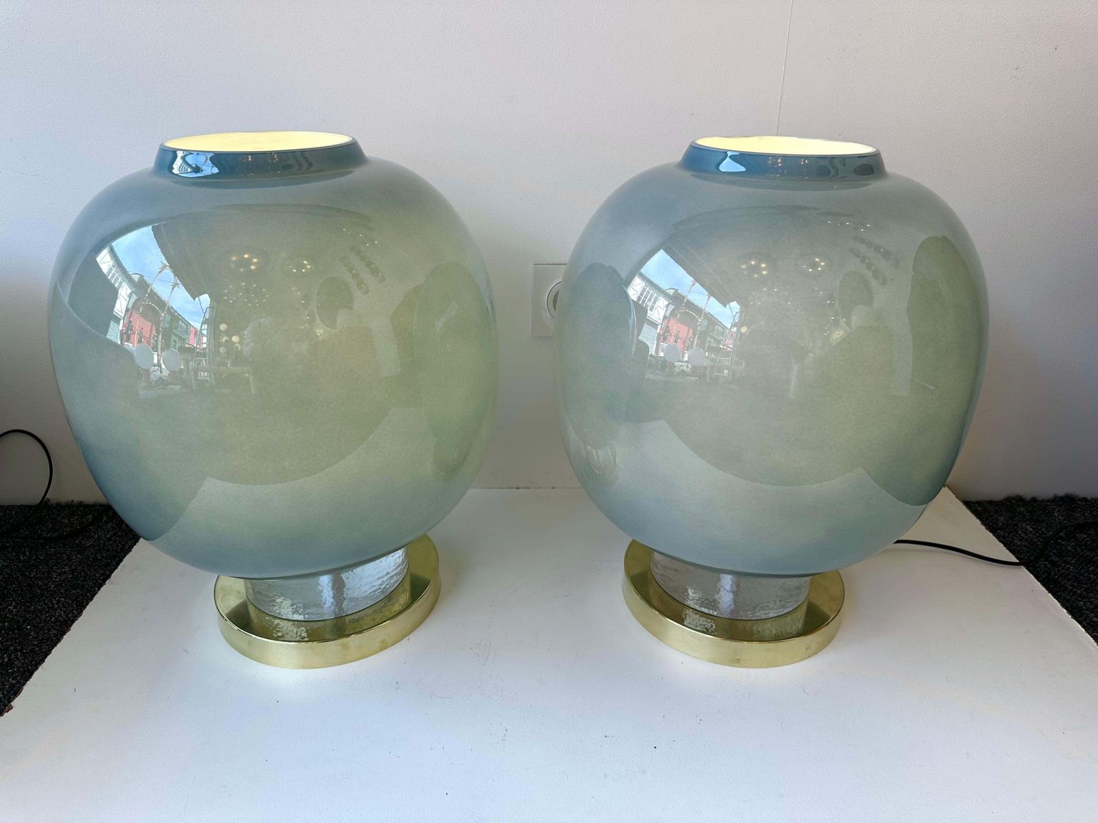 Contemporary Pair Of Brass And Blue Murano Glass Bulb Lamps, Italy photo vinterior