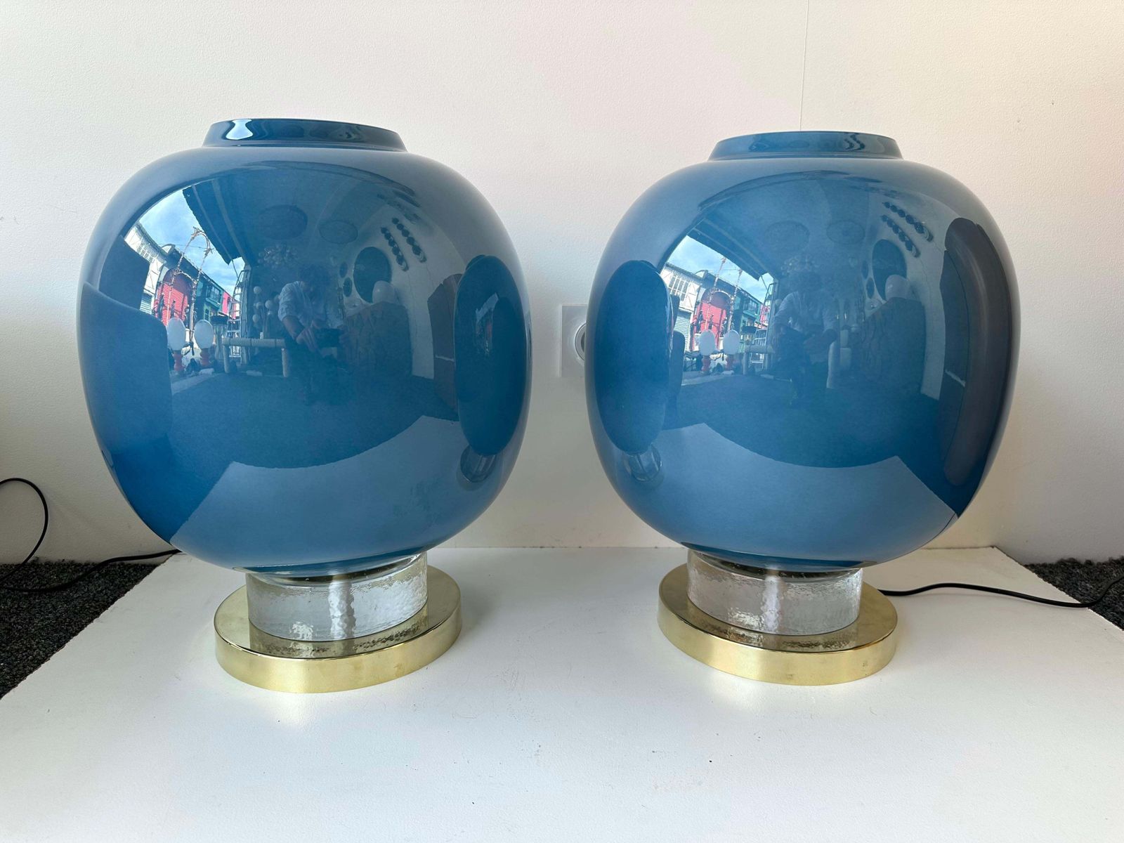 Lighting Contemporary Pair Of Brass And Blue Murano Glass Bulb Lamps, Italy photo