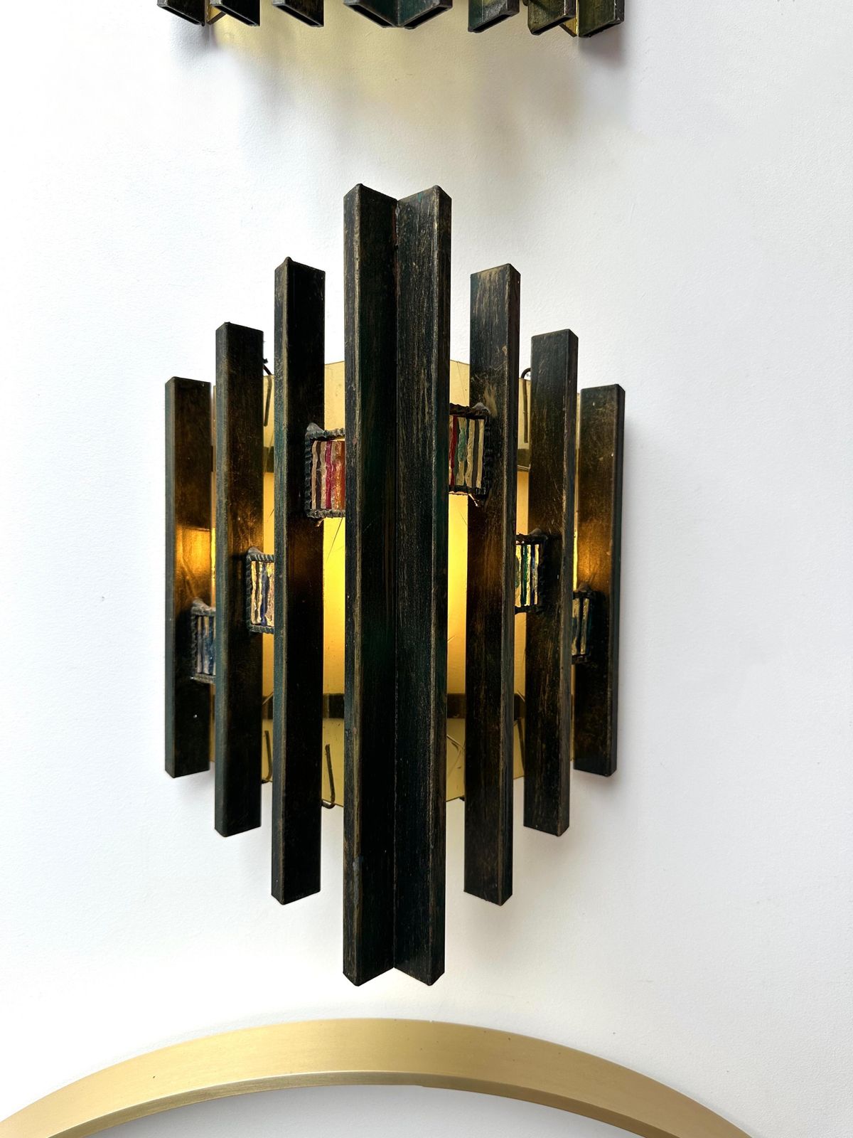 Pair Of Hammered Glass Gilt Iron Sconces By Biancardi, Italy, 1970s photo vintage