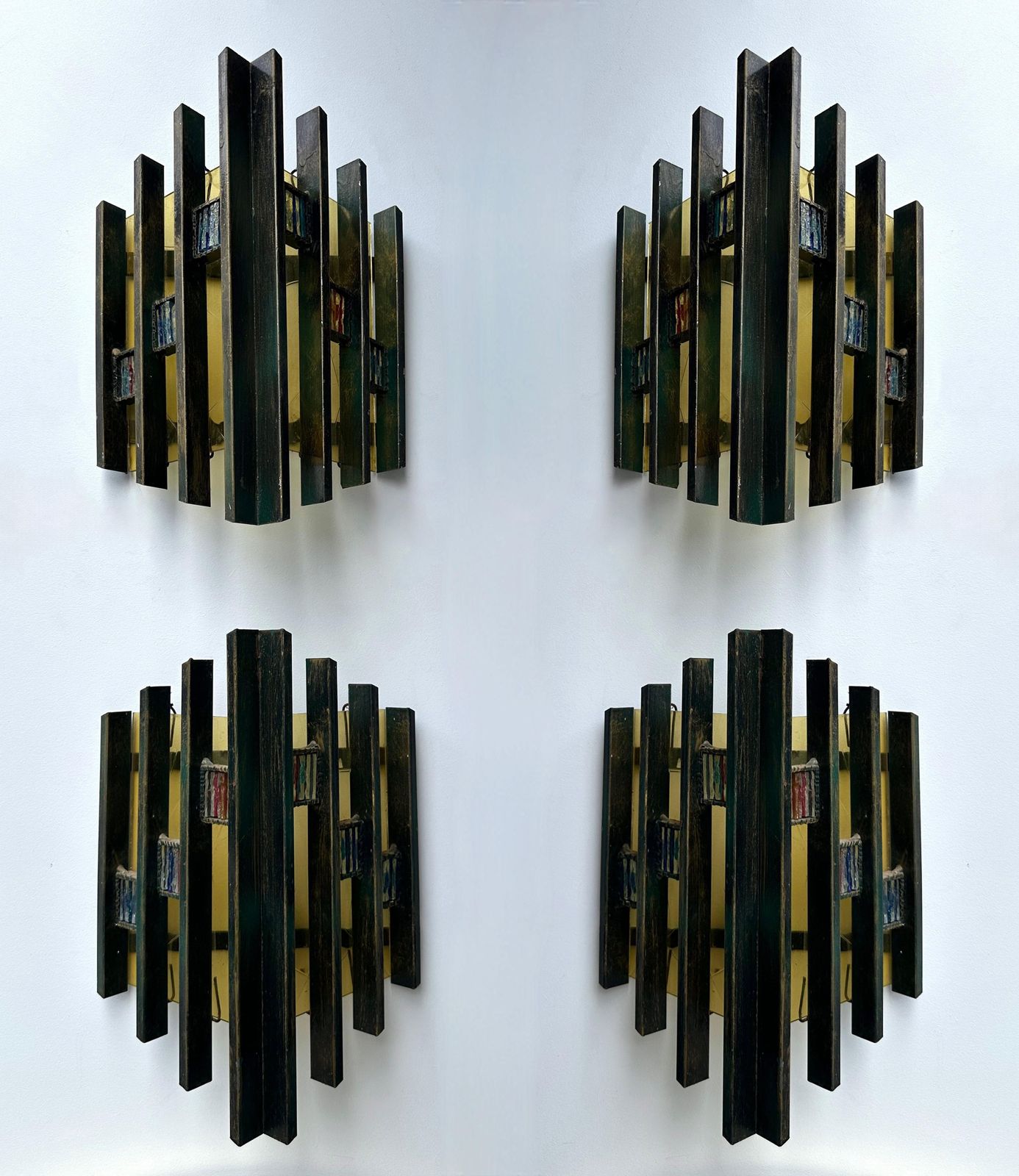 4159.0 Pair Of Hammered Glass Gilt Iron Sconces By Biancardi, Italy, 1970s photo
