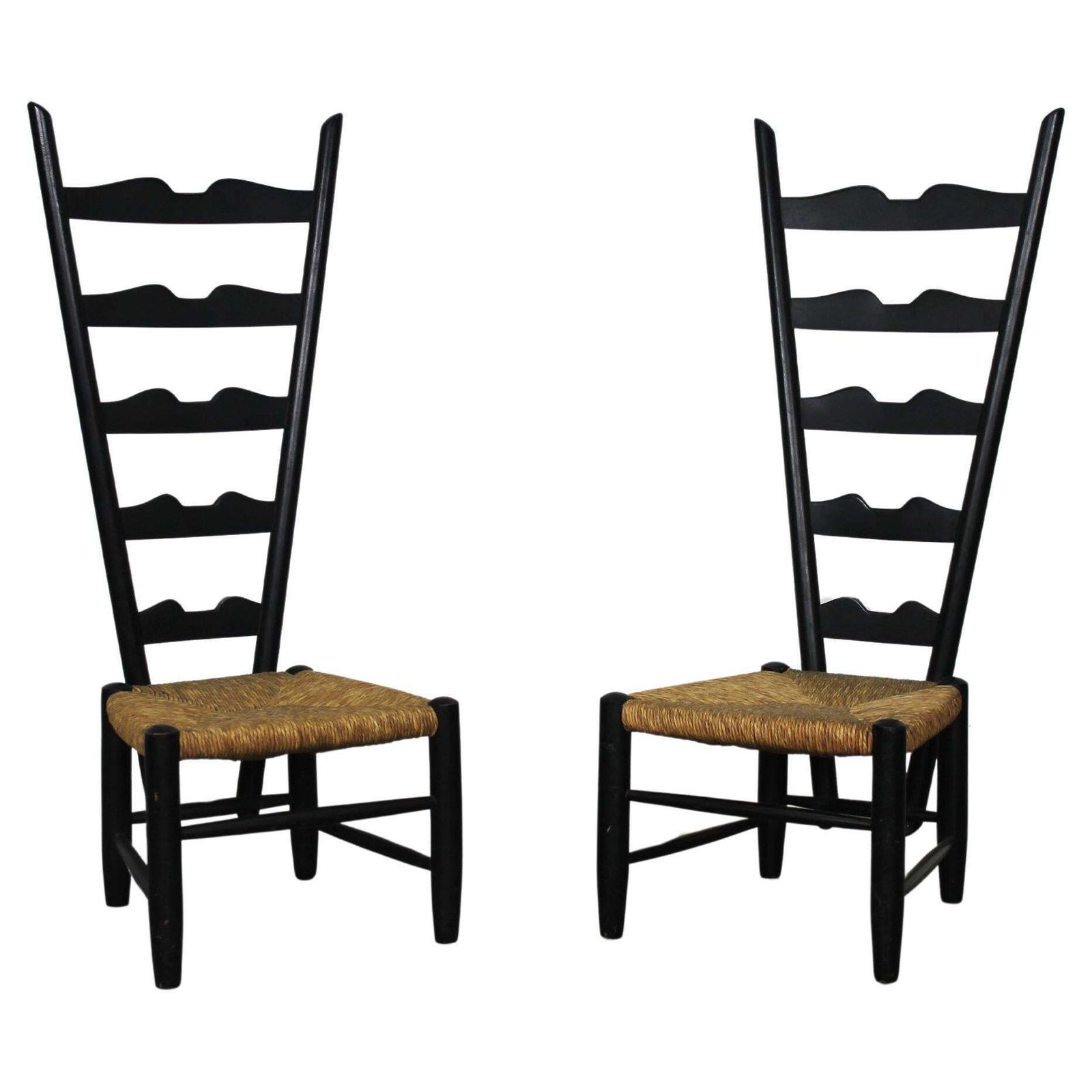 Gio Ponti Set Of Two Fireside Chairs In Black Lacquered Wood And Rush 1950s