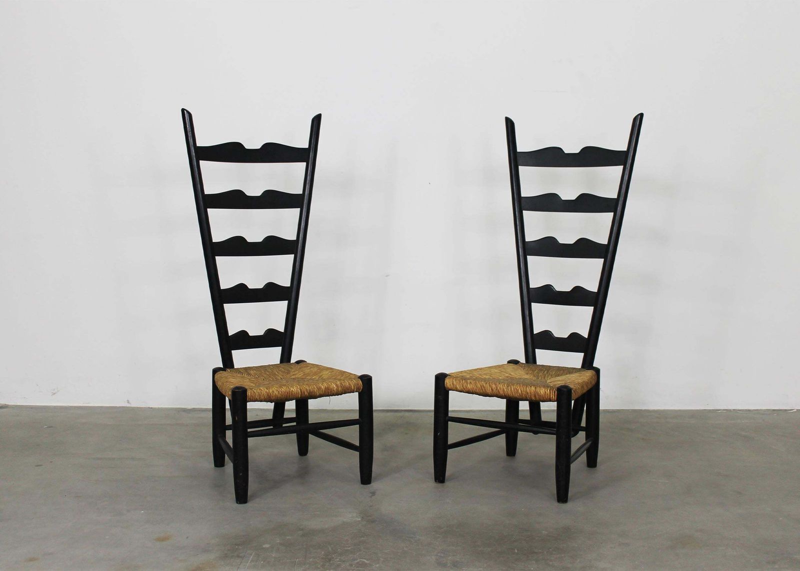 Gio Ponti Set Of Two Fireside Chairs In Black Lacquered Wood And Rush 1950s photo furniture