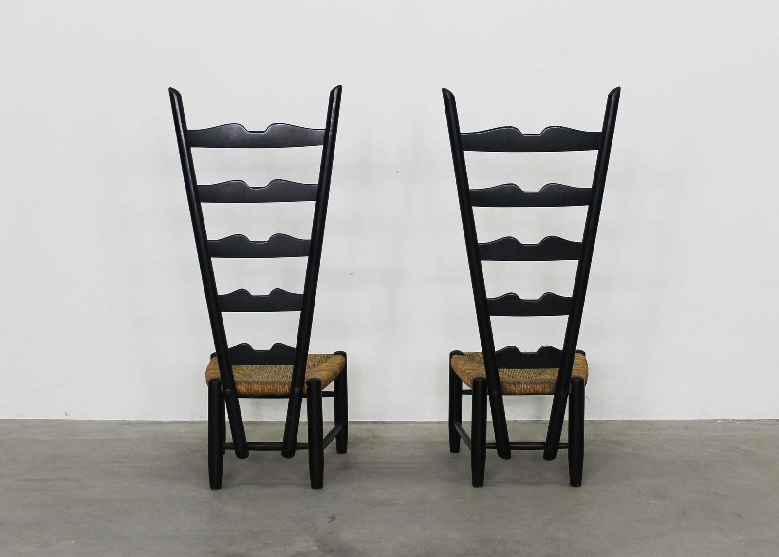 Gio Ponti Set Of Two Fireside Chairs In Black Lacquered Wood And Rush 1950s photo buy