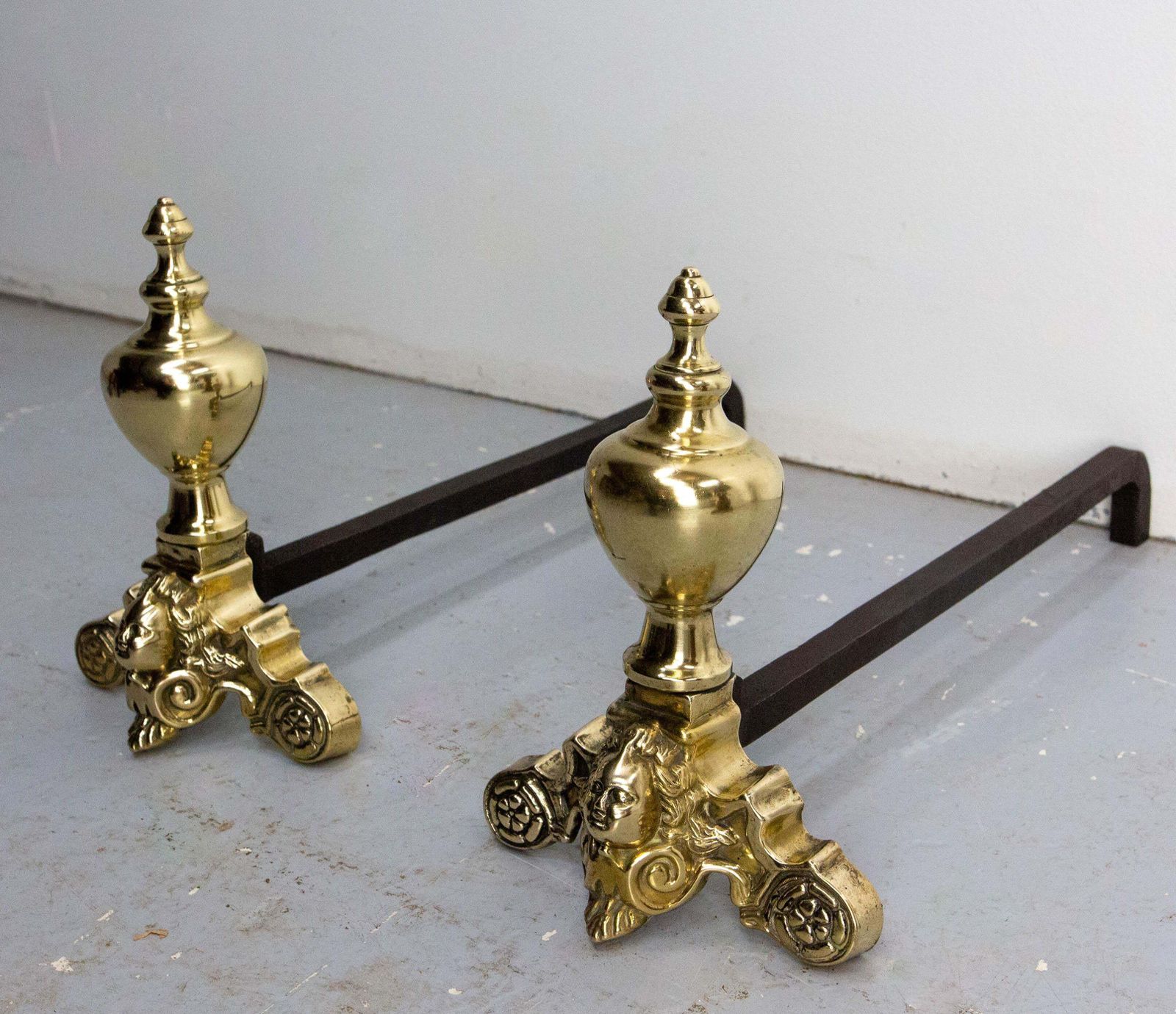 Pair Of Napoléon III Brass & Wrought Iron Cherubs Andirons, France, C 1890 photo for sale