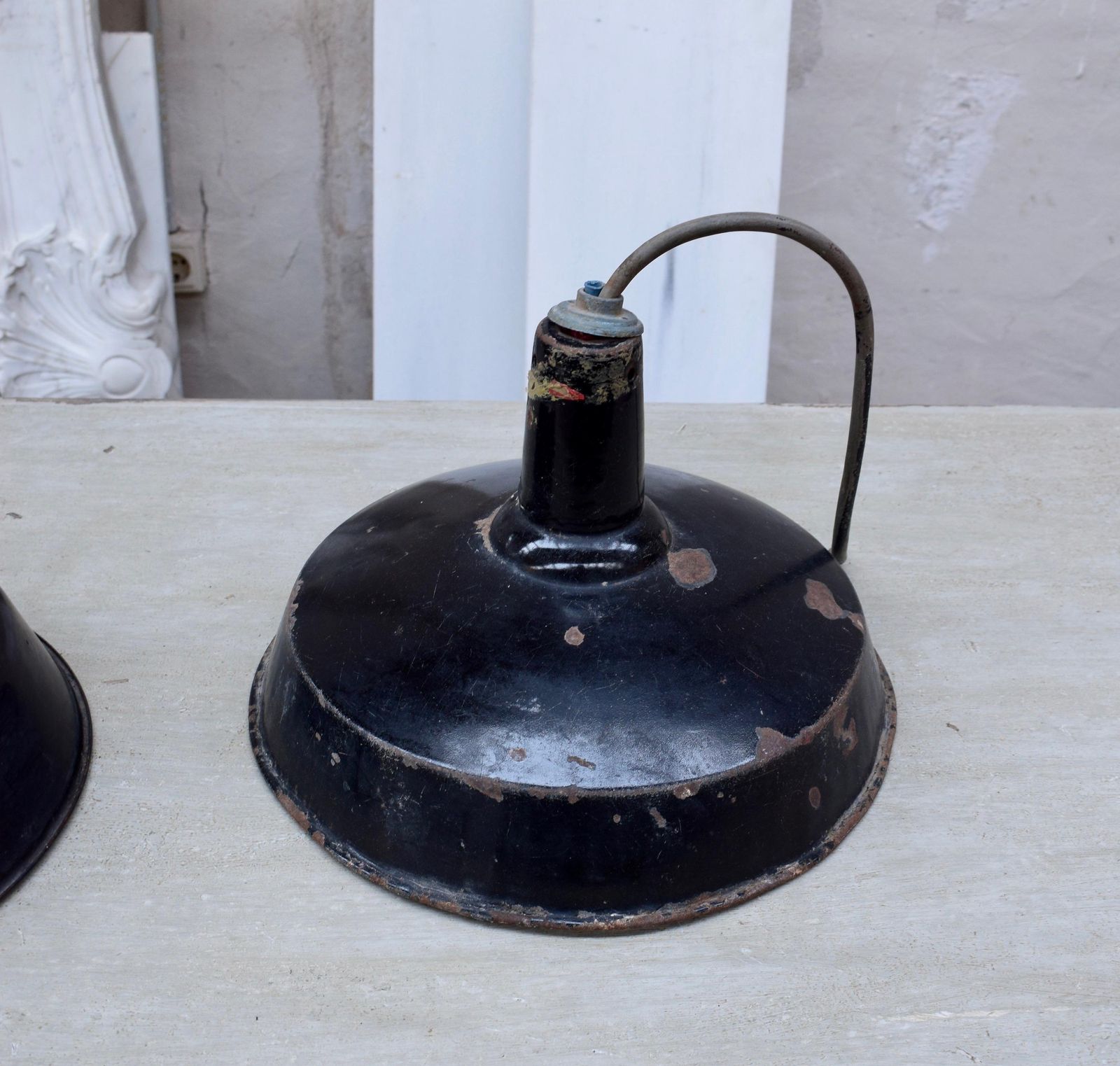 A Set Of Industrial Black Enamel Hanging Lamps Circa 1940s photo vintage