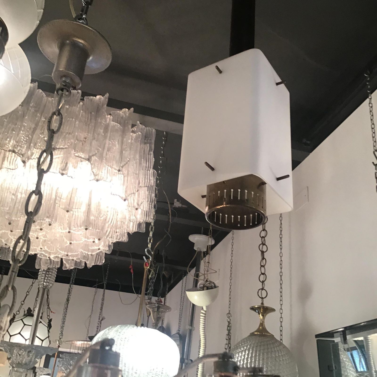 Stilnovo Chandelier Brass Opaline Glass 1950 Italy photo 2166.0