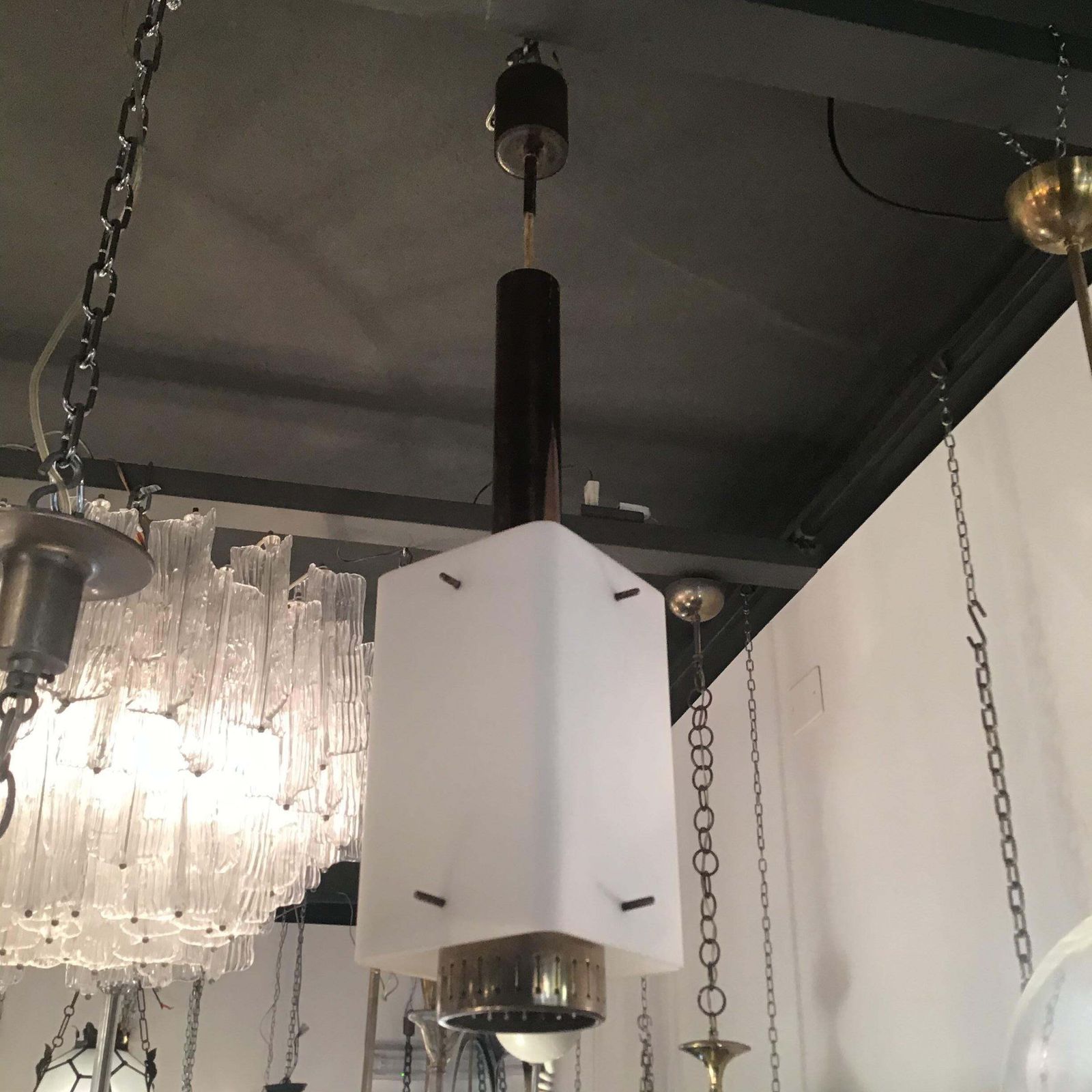 Stilnovo Chandelier Brass Opaline Glass 1950 Italy photo vinterior