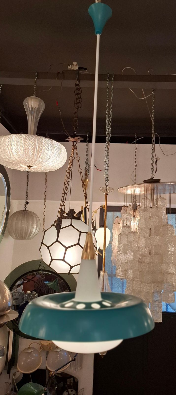Stilnovo Chandelier Opalineglass Brass Metal 1950 Italy photo for sale