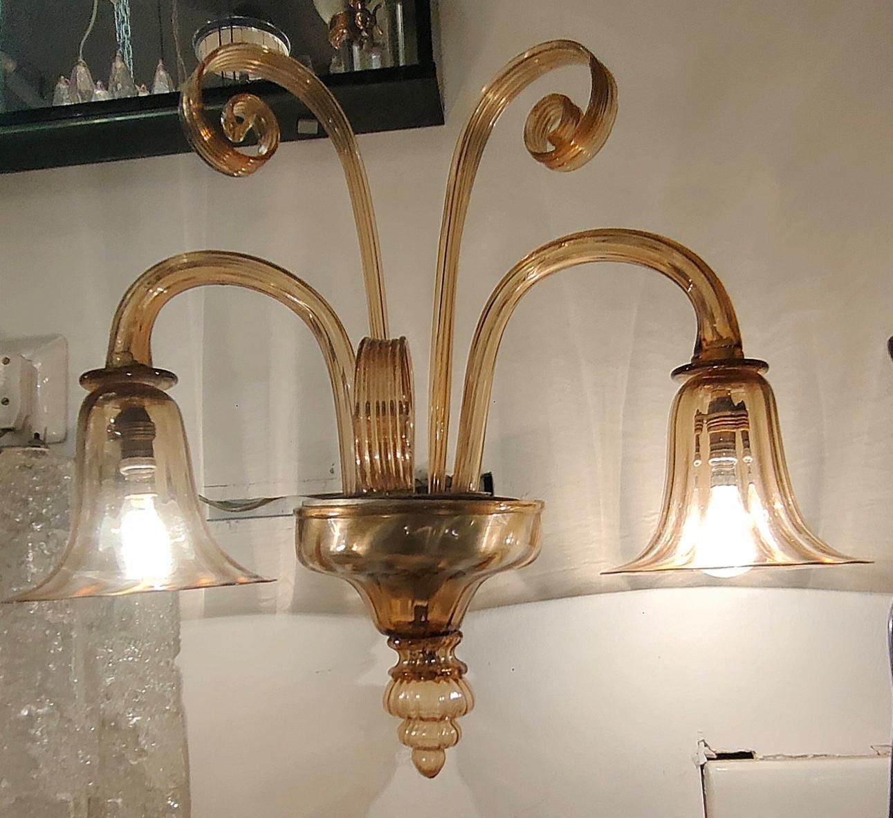 Venini   Coppia Di Apliques A 2 Luci In Vetro Di Murano   Italia 1930. photo vinterior
