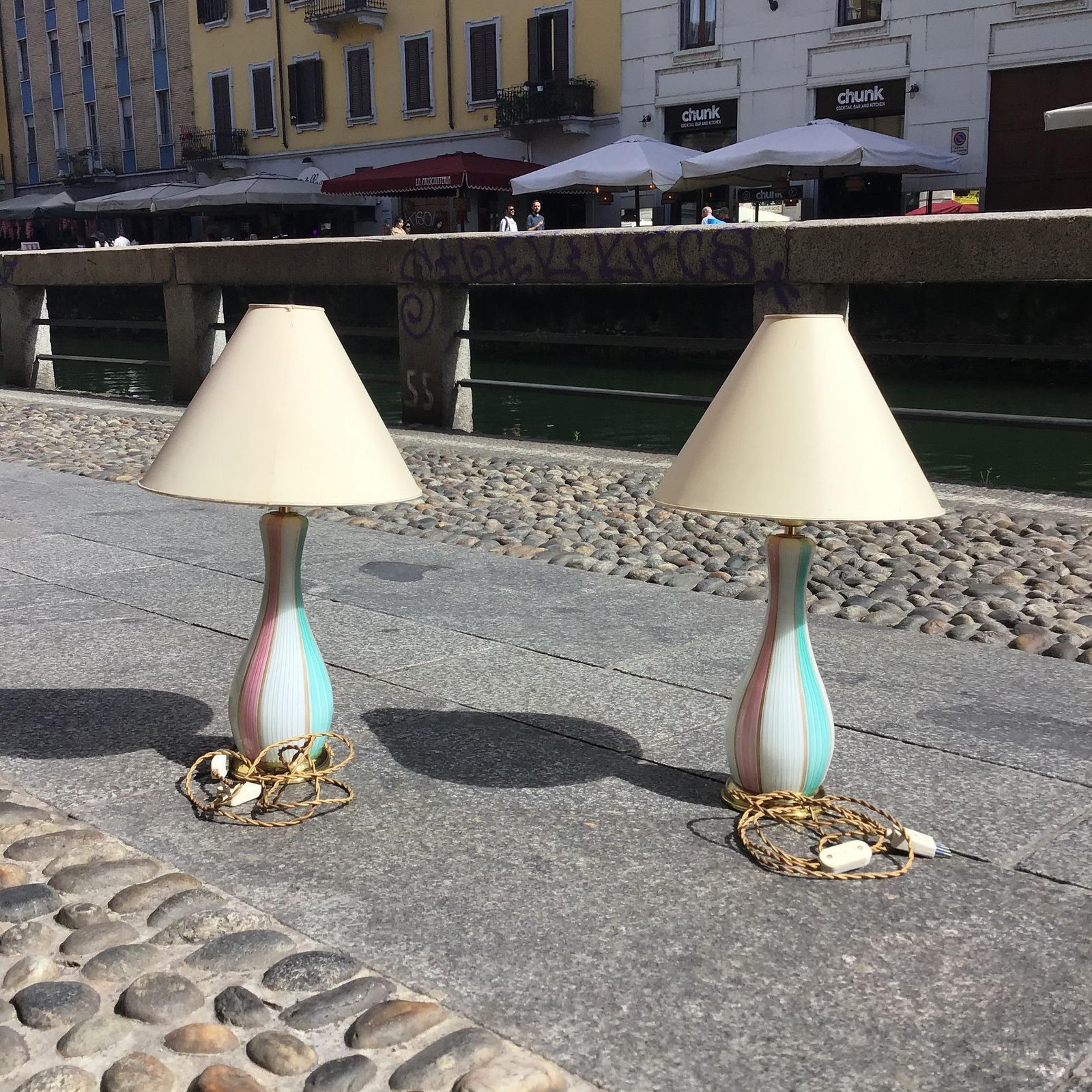 Venini Pair Of Murano Glass Table Lamps Gold Brass Inclusions photo vintage