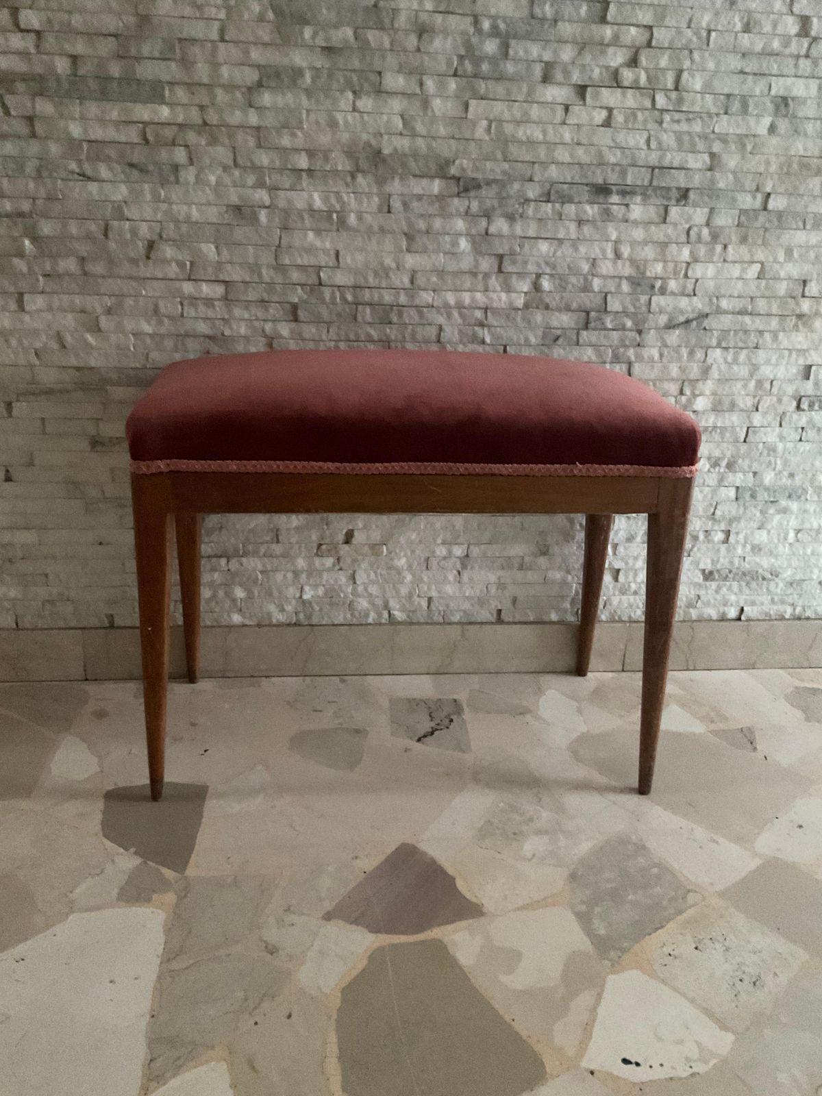 photo vinterior Giio Ponti   Walnut Bench, Pink Velvet   Made In Italy 1940s