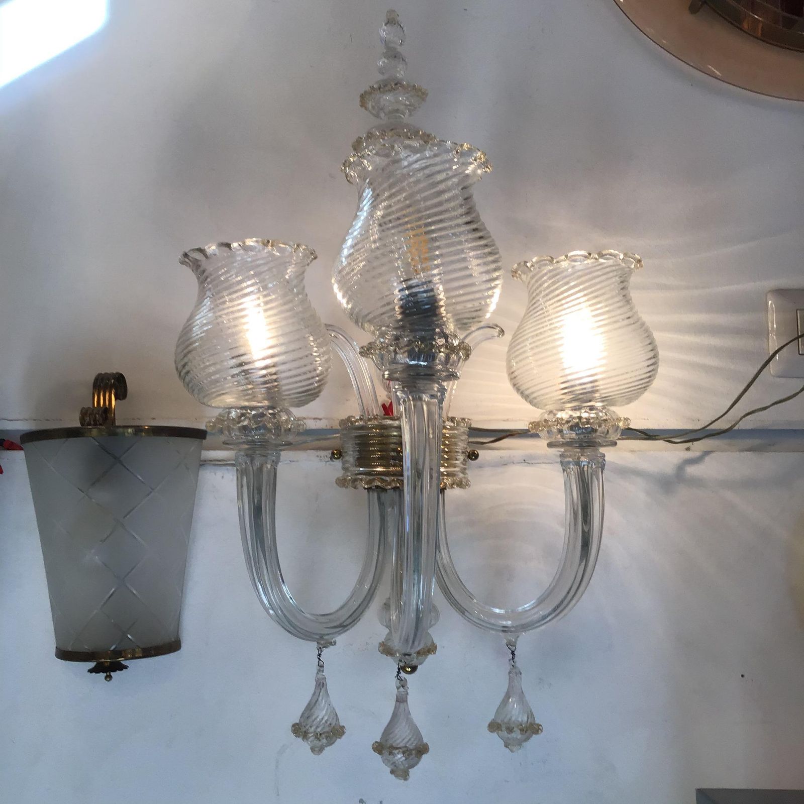 Seguso Coppia Appliques Murano Glass Gold Brass 1945 Italy photo Lighting