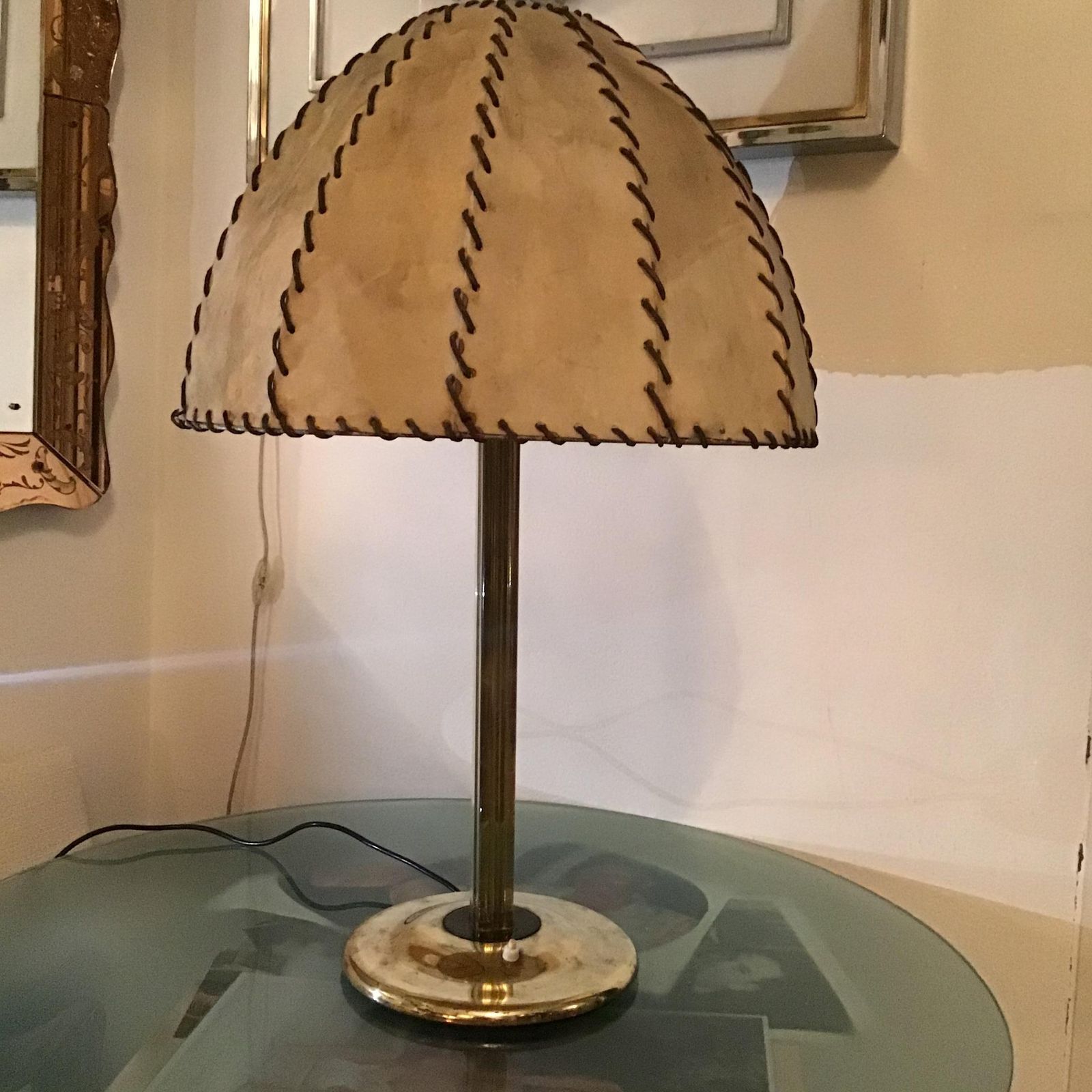 10398.0 Fontana Arte Max Ingrand Table Lamp Brass Glass Wood Lampshade 1940 Italy photo